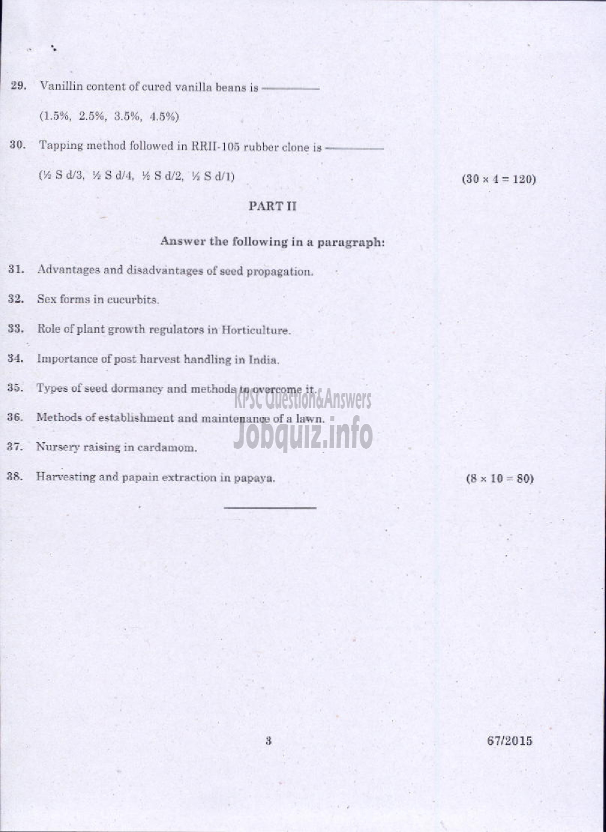 Kerala PSC Question Paper - HORTICULTURE-3