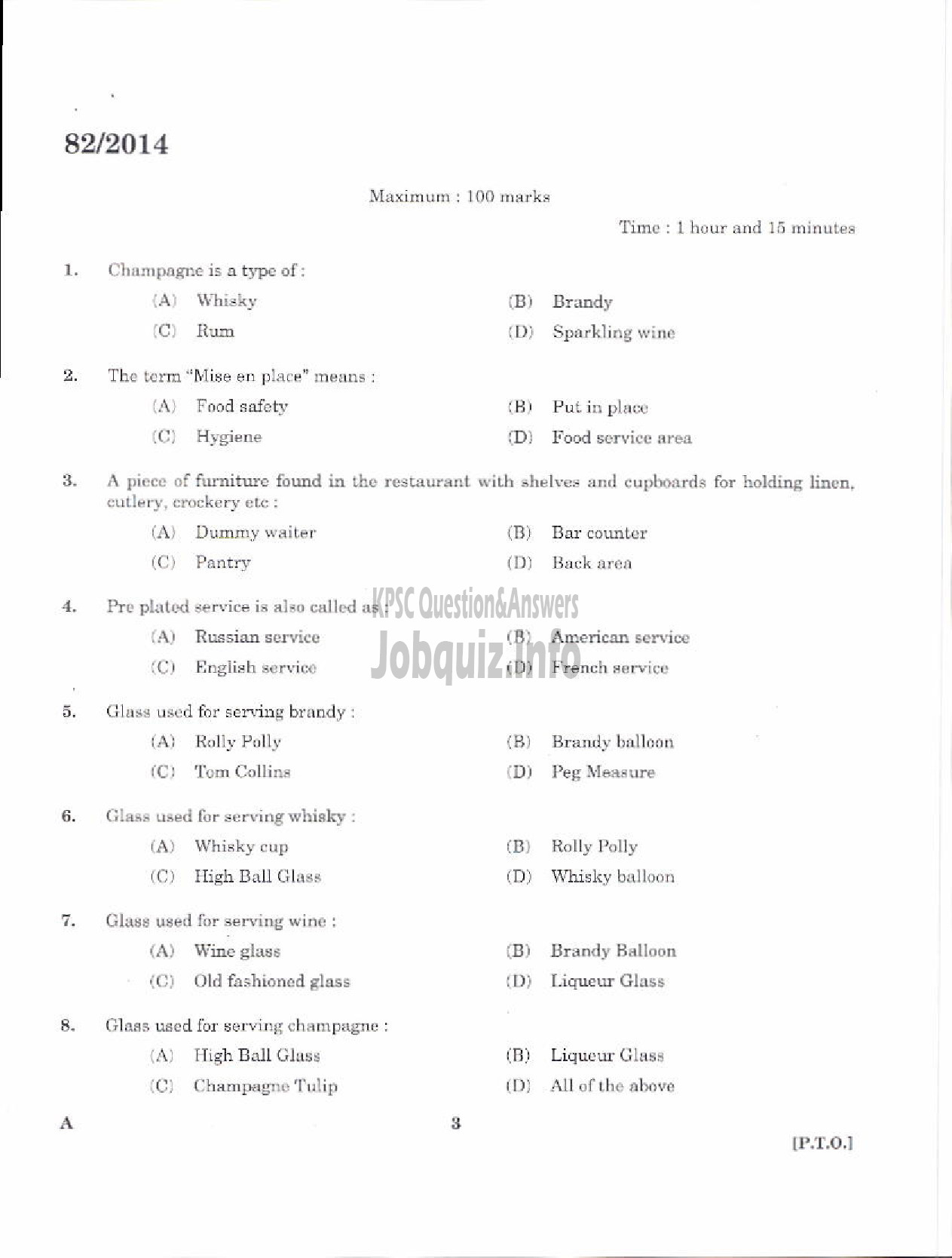 Kerala PSC Question Paper - HOSPITALITY ASSISTANT NCA EZHAVA/MUSLIM TOURISM DEPT PTA AND EKM-1