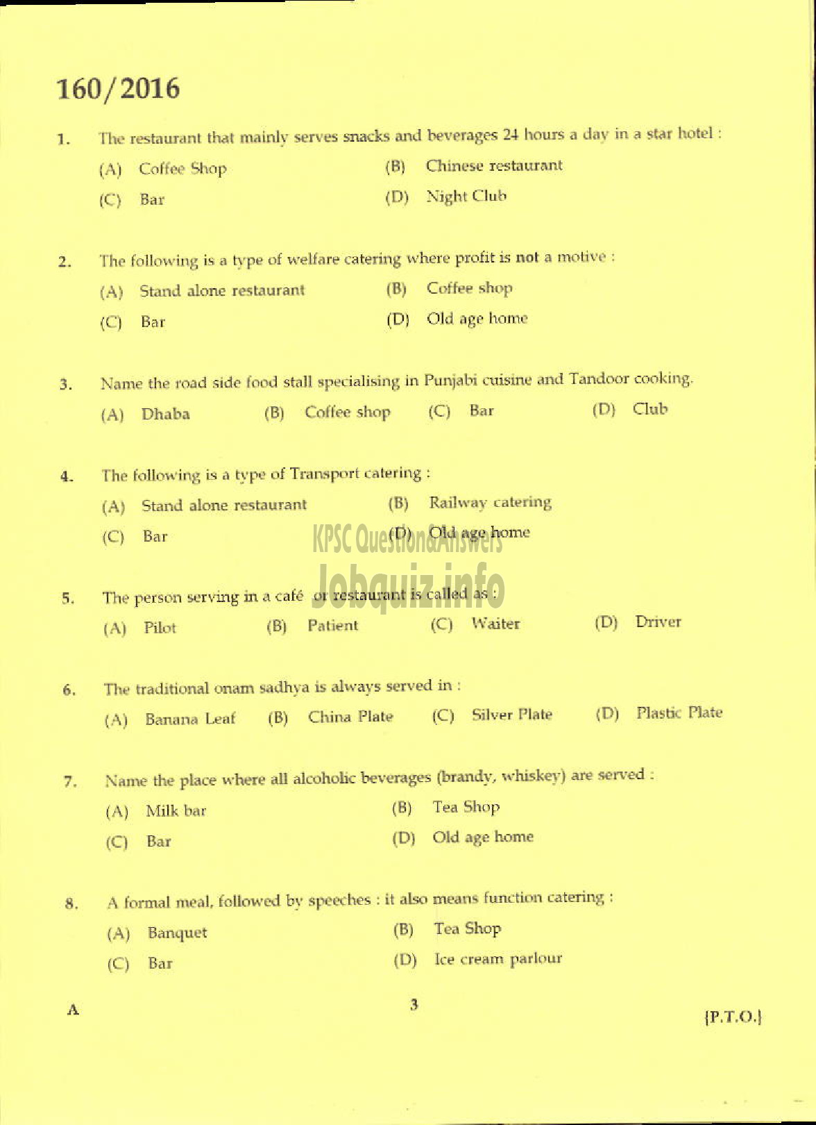 Kerala PSC Question Paper - HOSPITALITY ASSISTANT TOURISM-1