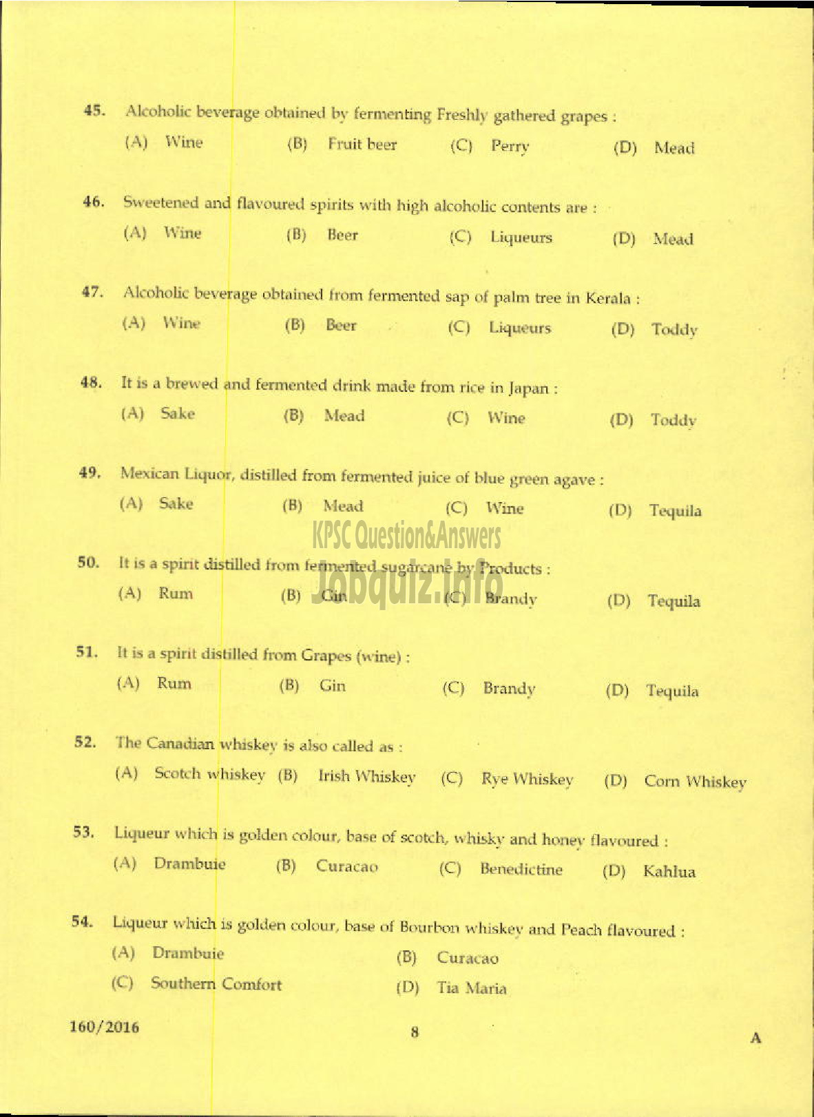 Kerala PSC Question Paper - HOSPITALITY ASSISTANT TOURISM-6