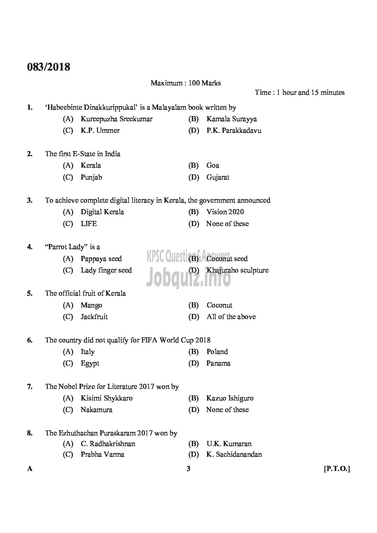 Kerala PSC Question Paper - HSA PHYSICAL SCIENCE MALAYALAM MEDIUM EDUCATION-3