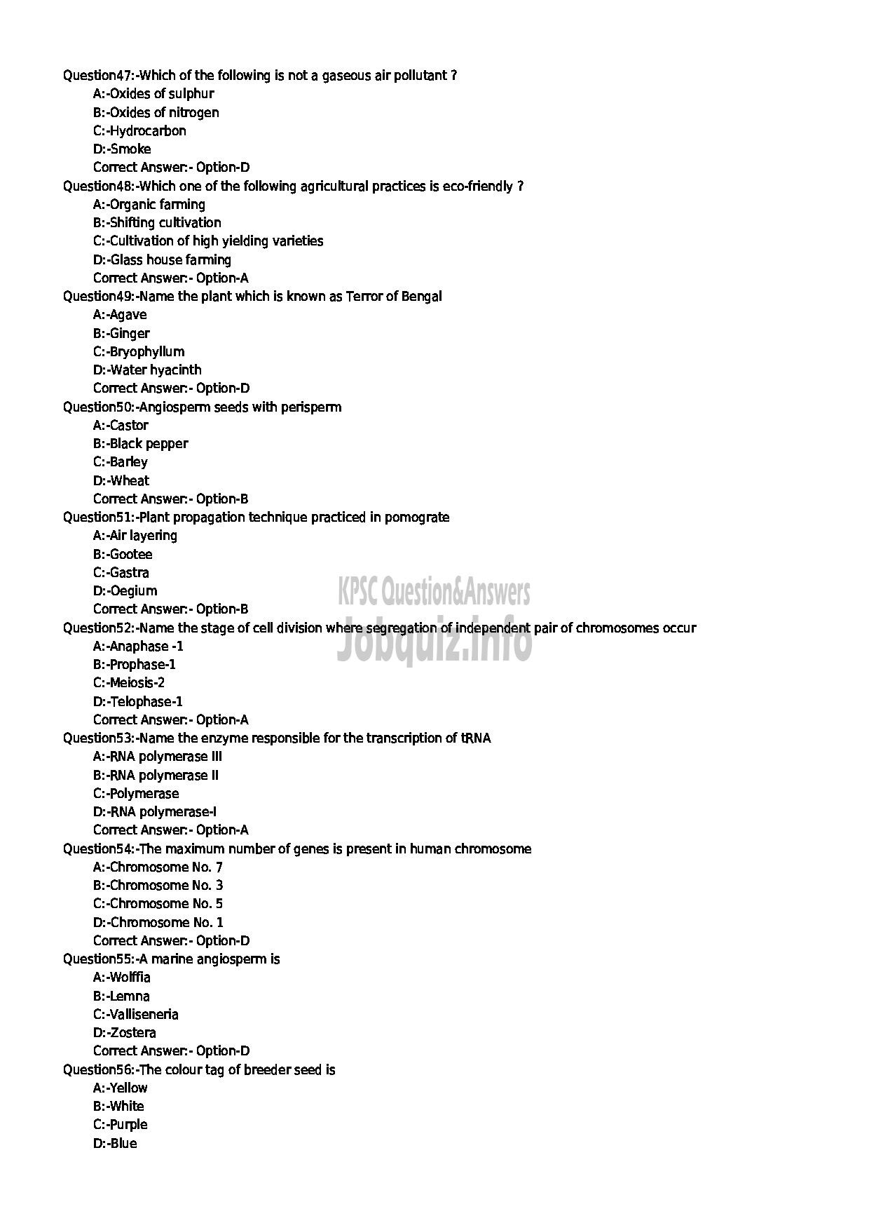 Kerala PSC Question Paper - HSST BOTANY JUNIOR SR FOR ST ONLY KHSE-6