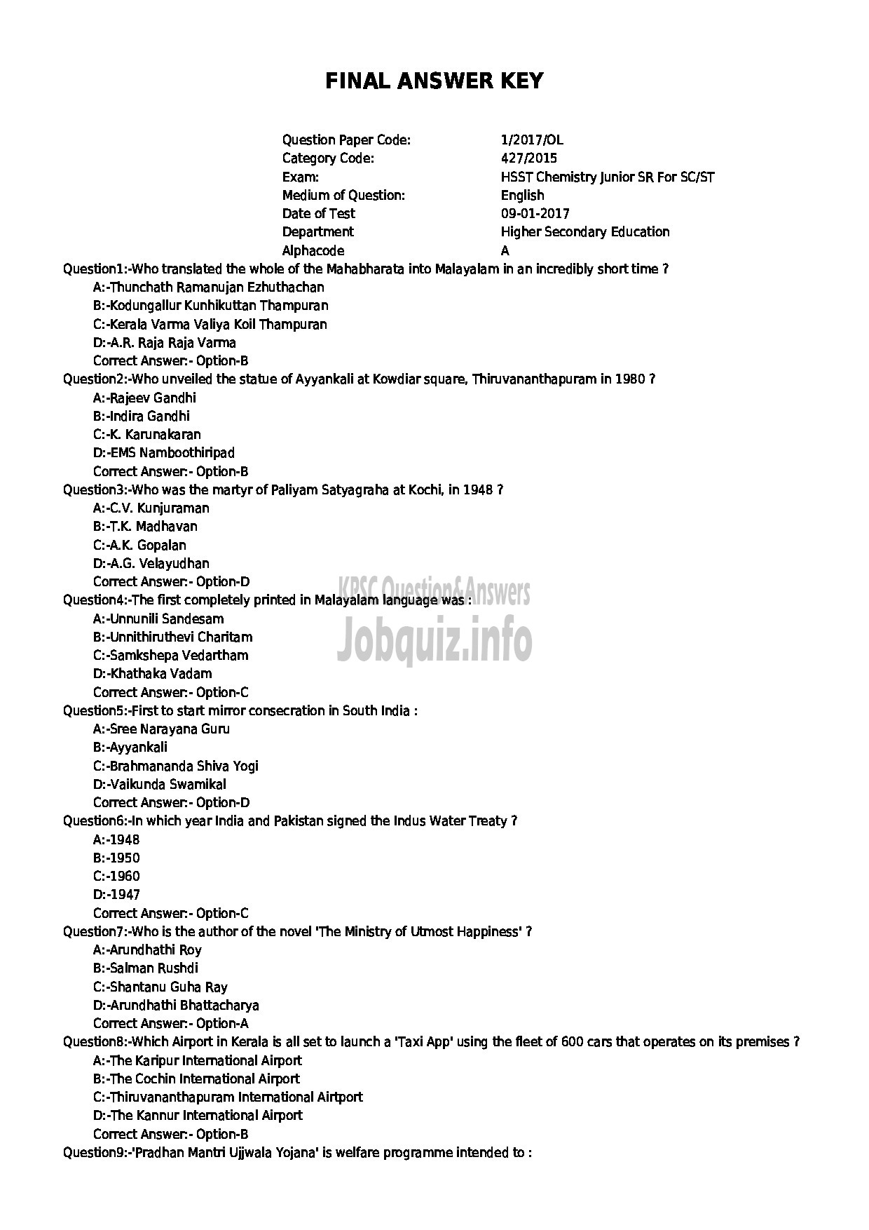 Kerala PSC Question Paper - HSST CHEMISTRY JR SR FOR SC / ST ONLY KHSE-1