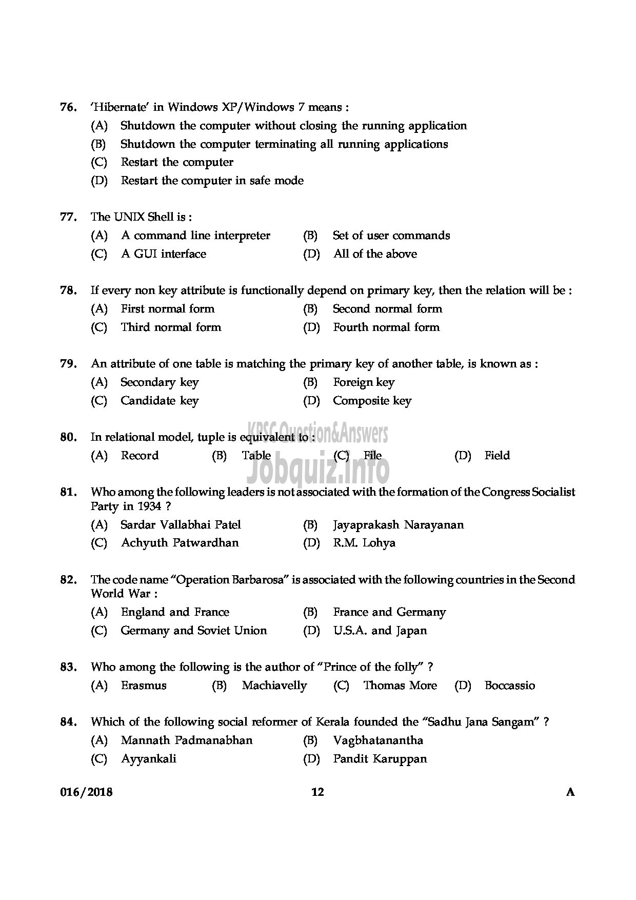 Kerala PSC Question Paper - HSST COMPUTER SCIENCE KHSE-12