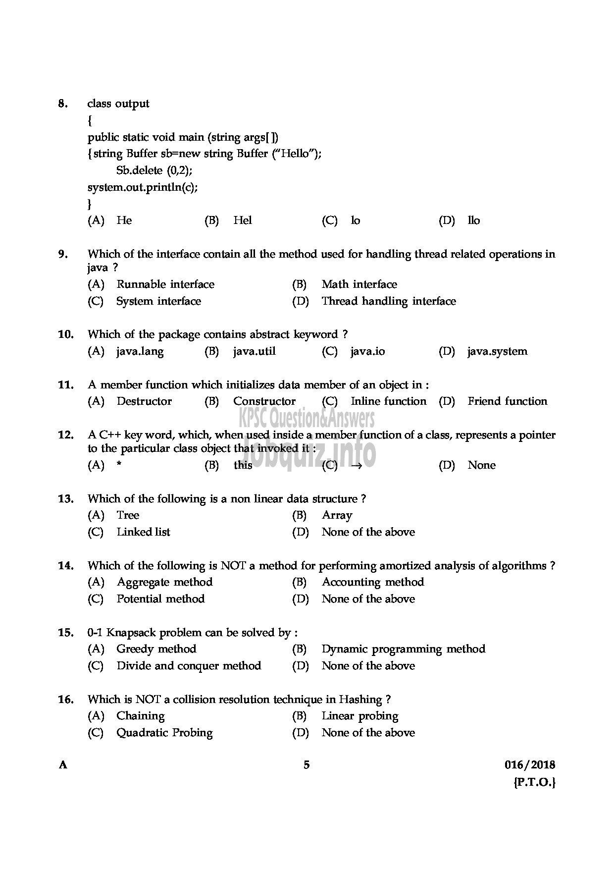 Kerala PSC Question Paper - HSST COMPUTER SCIENCE KHSE-5