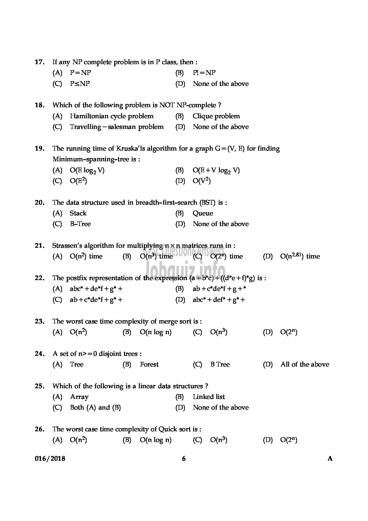 Kerala PSC Question Paper - HSST COMPUTER SCIENCE KHSE-6