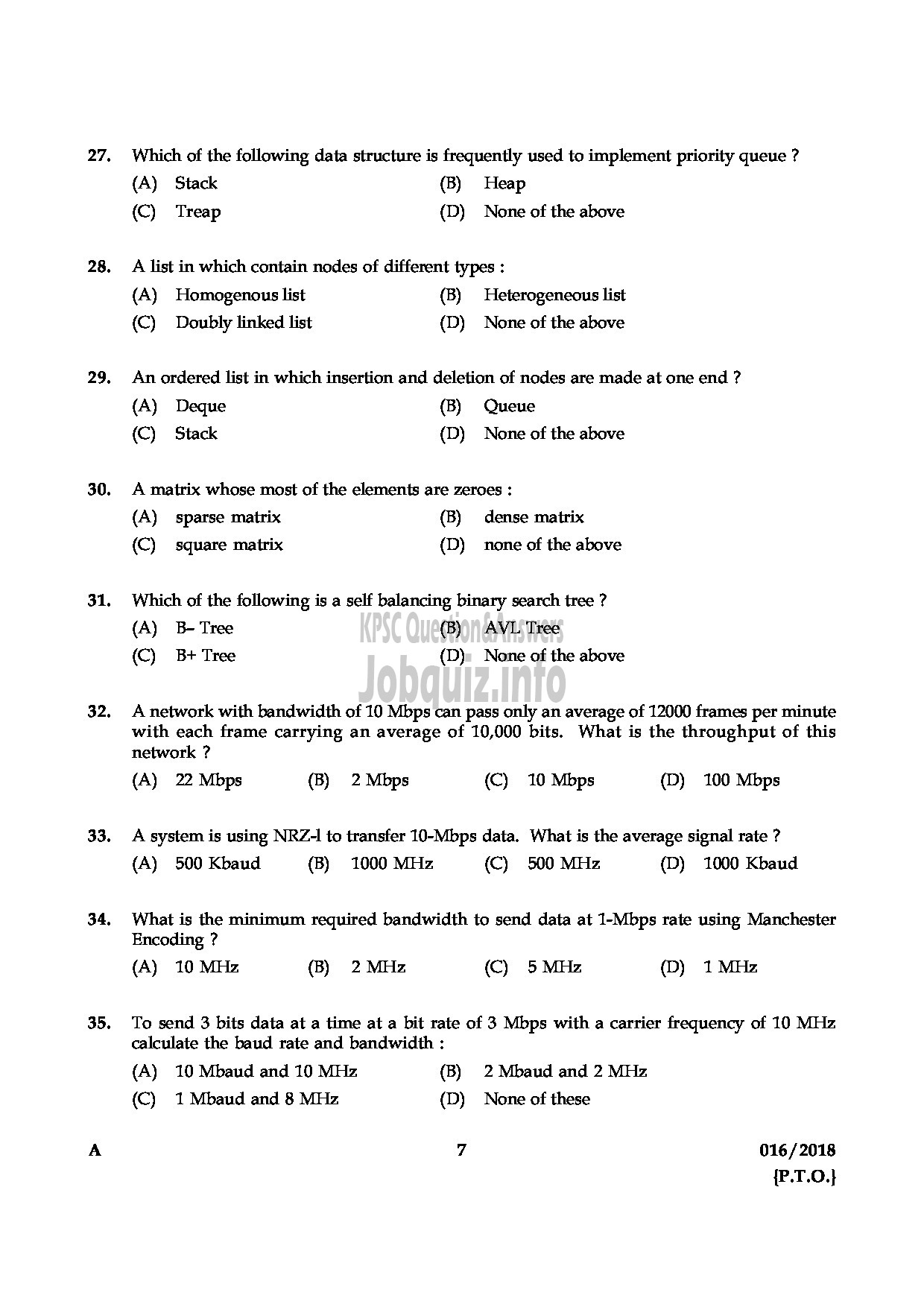 Kerala PSC Question Paper - HSST COMPUTER SCIENCE KHSE-7