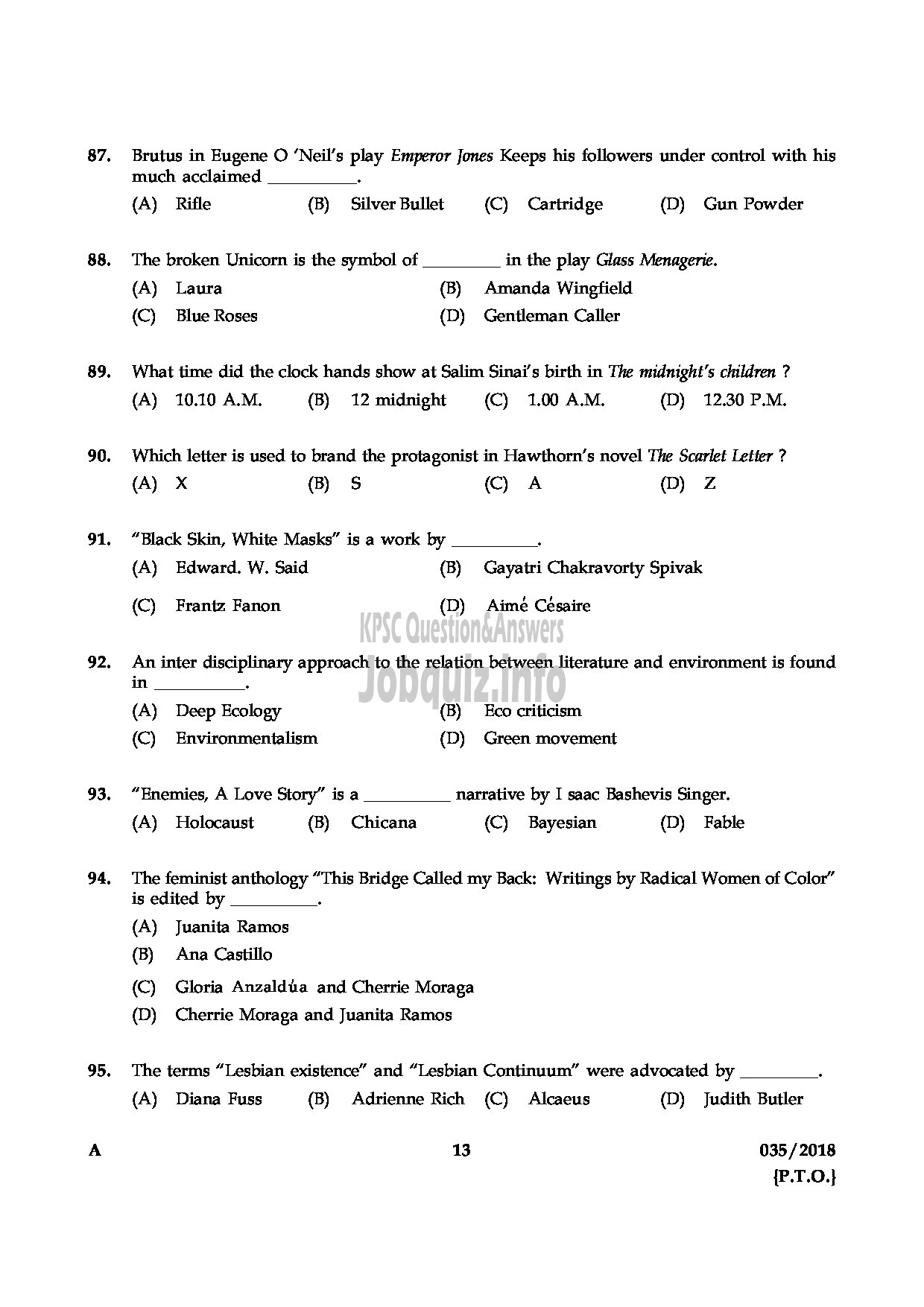 Kerala PSC Question Paper - HSST ENGLISH KERALA HSE-13