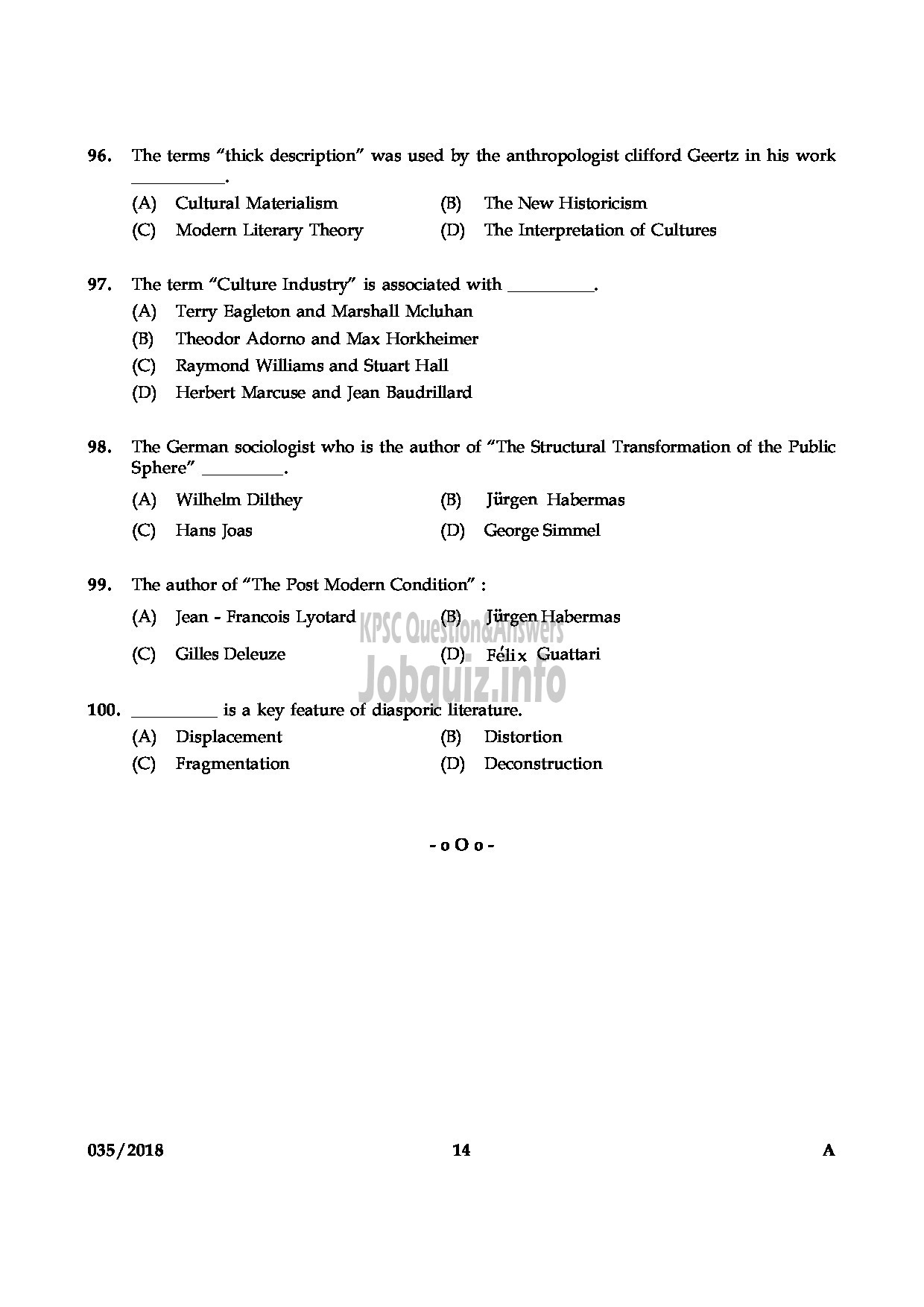 Kerala PSC Question Paper - HSST ENGLISH KERALA HSE-14