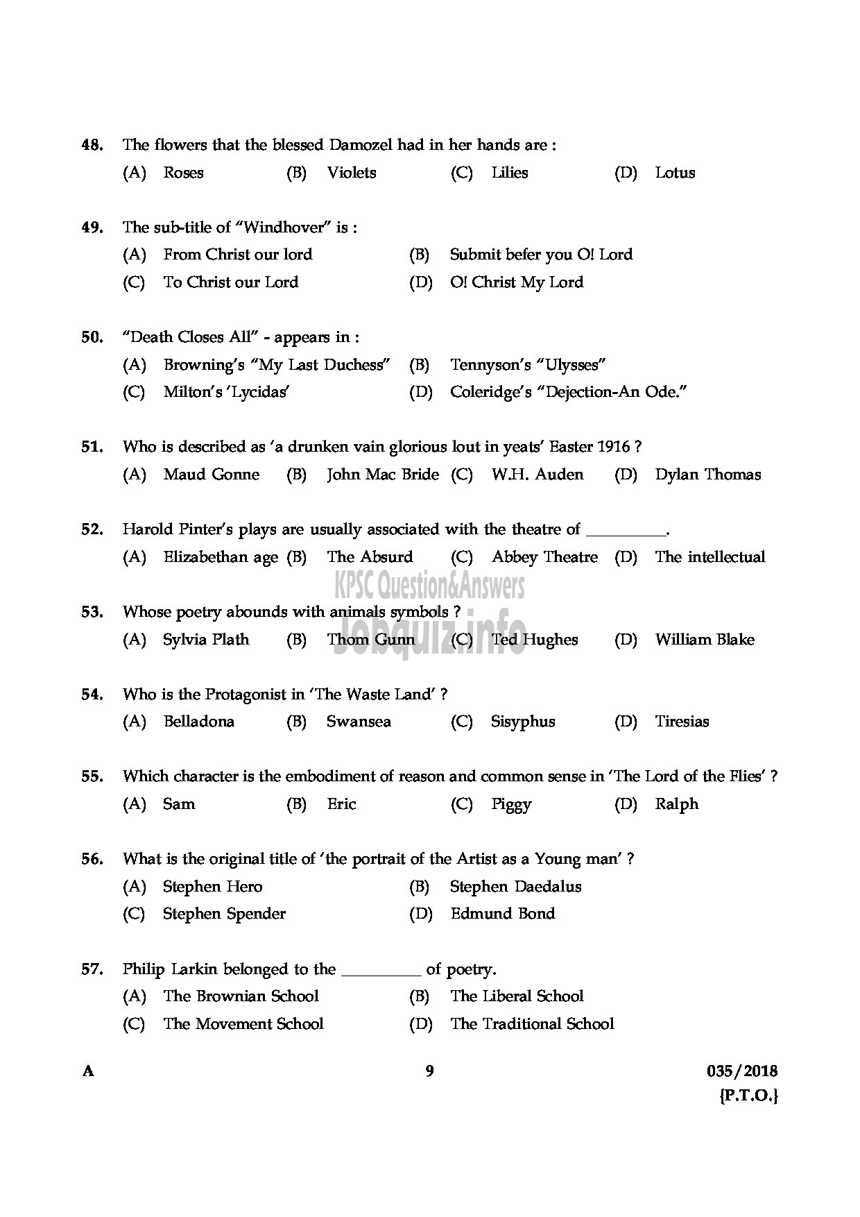 Kerala PSC Question Paper - HSST ENGLISH KERALA HSE-9