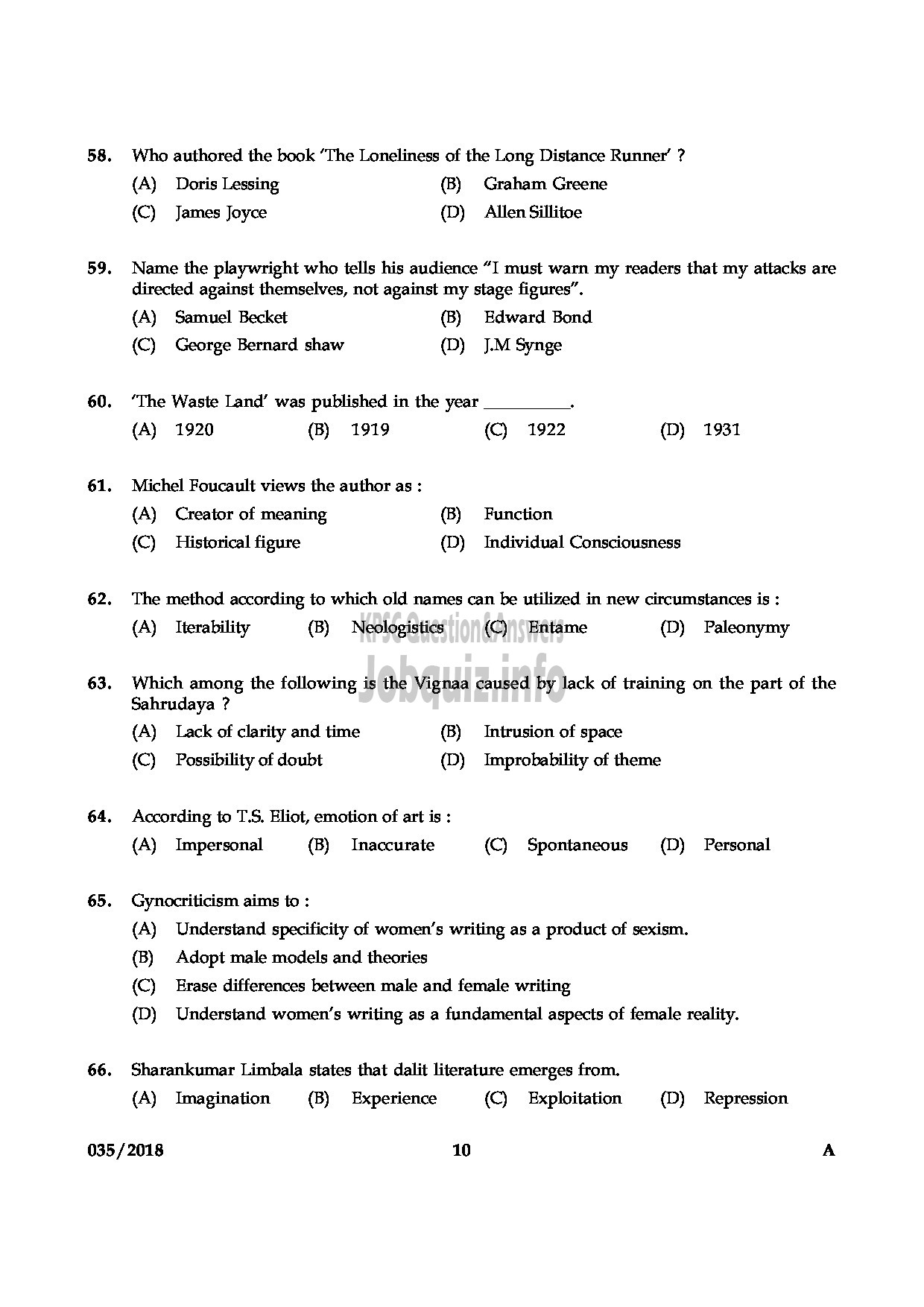 Kerala PSC Question Paper - HSST ENGLISH KERALA HSE-10