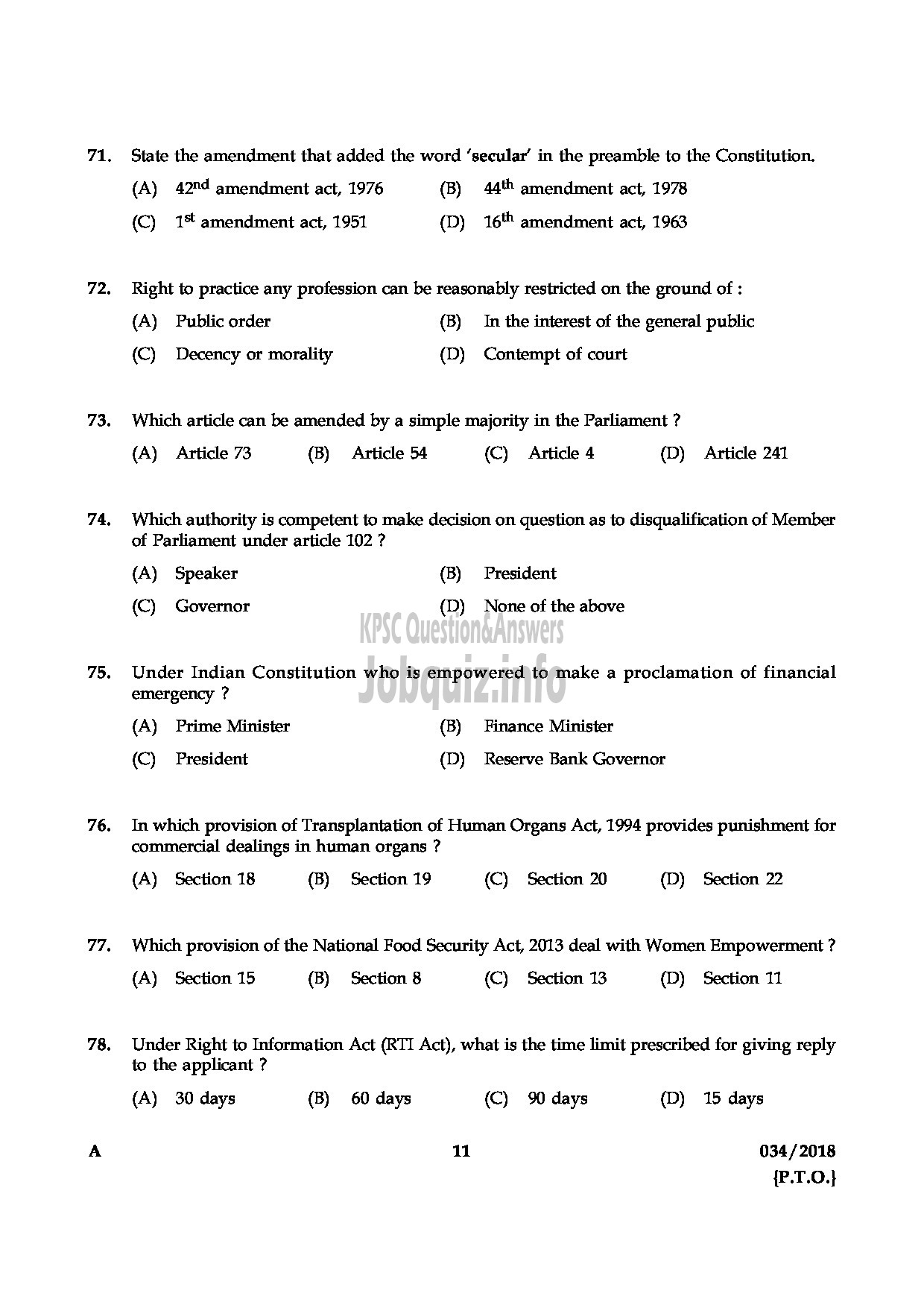 Kerala PSC Question Paper - HSST HINDI HSE-11