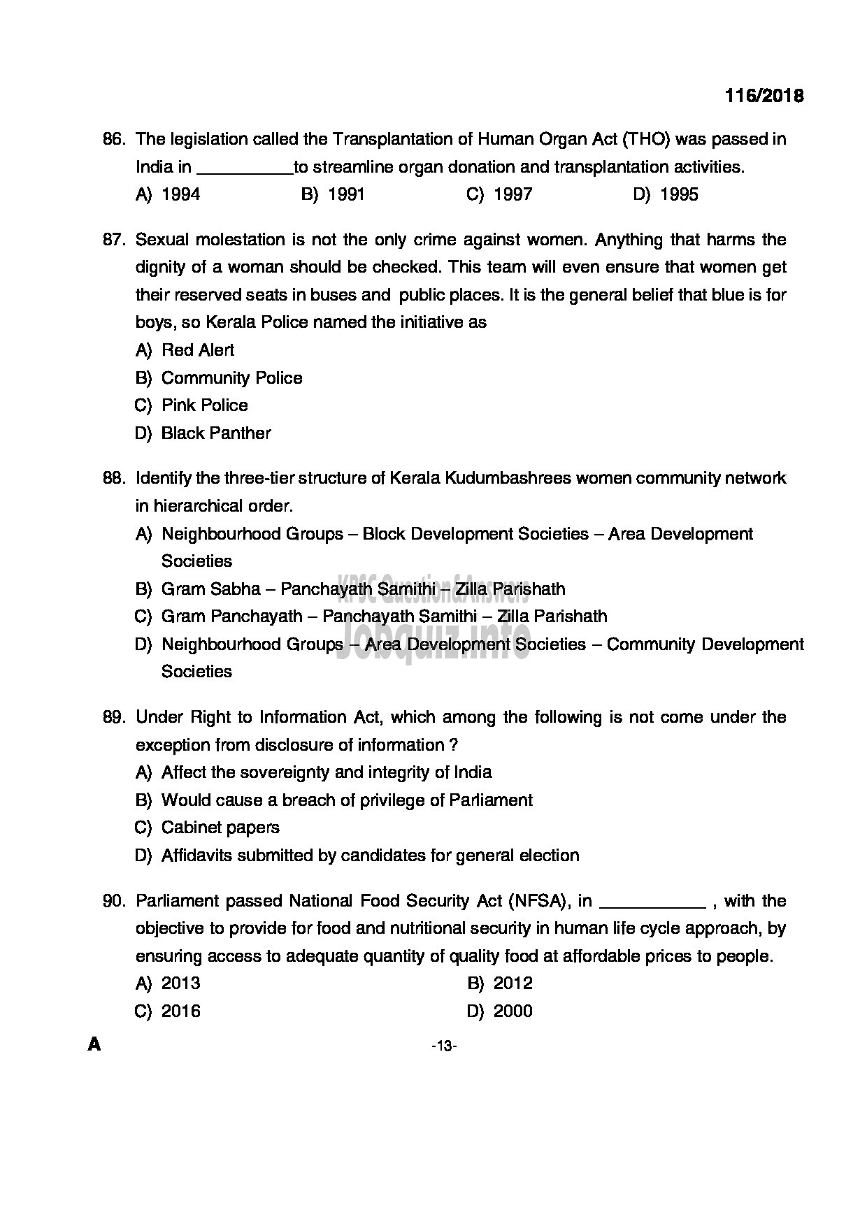 Kerala PSC Question Paper - HSST HISTORY JUNIOR KHSE-13