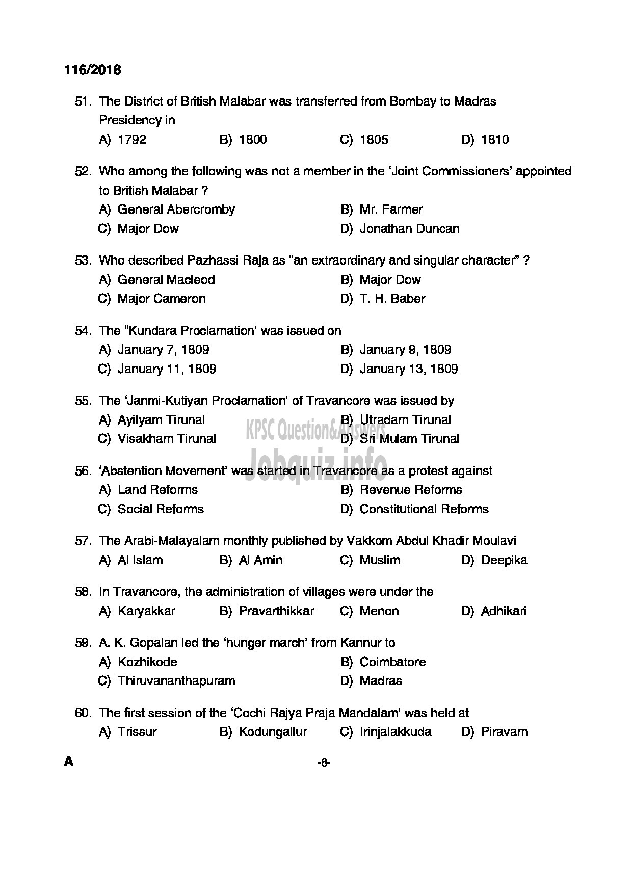 Kerala PSC Question Paper - HSST HISTORY JUNIOR KHSE-8