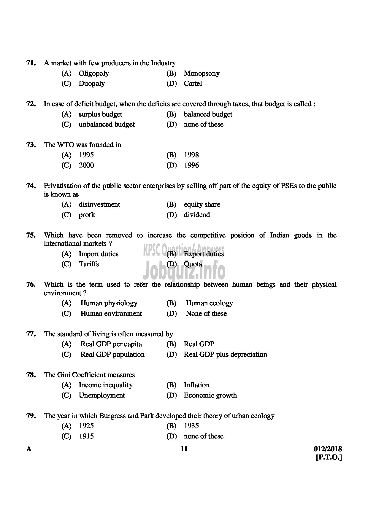 Kerala PSC Question Paper - HSST JUNIOR ECONOMICS-11