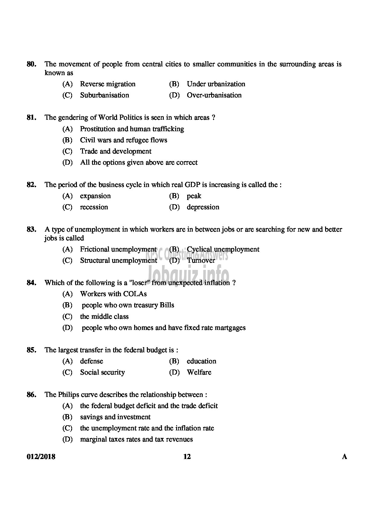 Kerala PSC Question Paper - HSST JUNIOR ECONOMICS-12