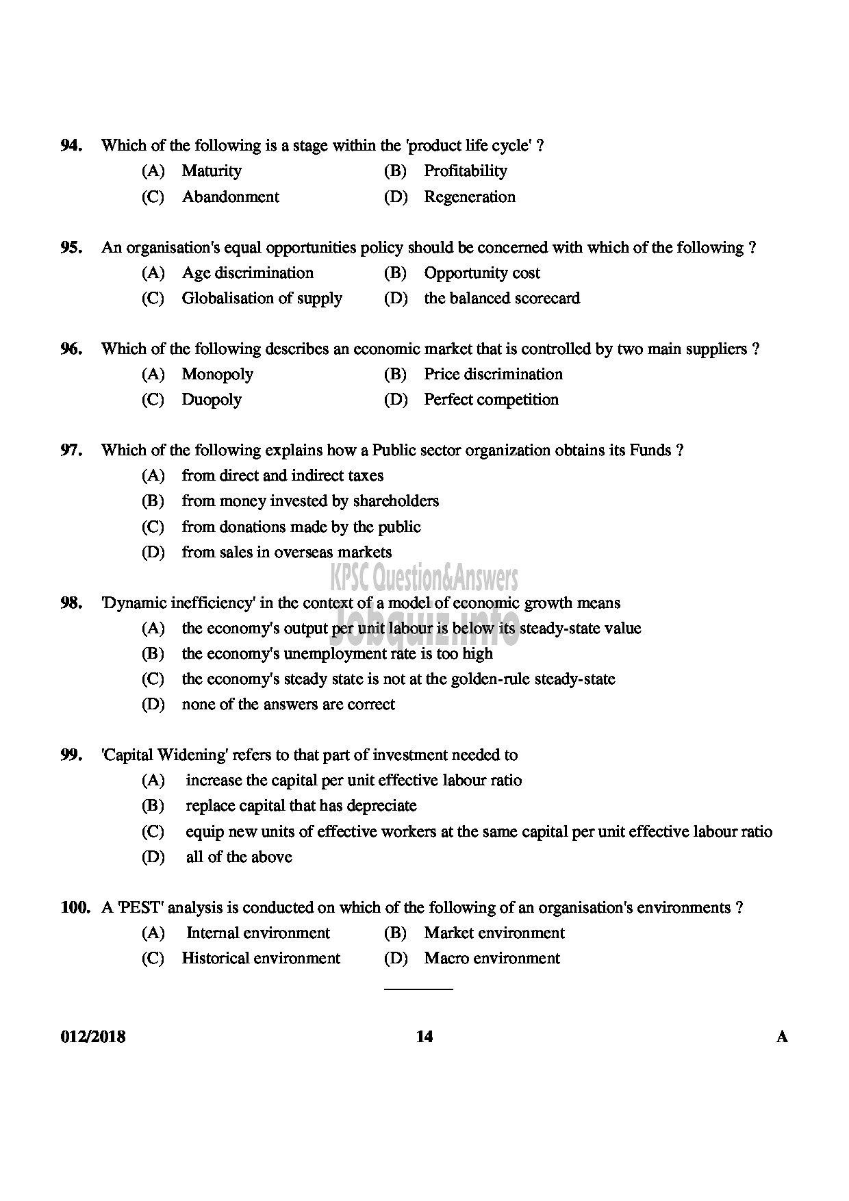 Kerala PSC Question Paper - HSST JUNIOR ECONOMICS-14