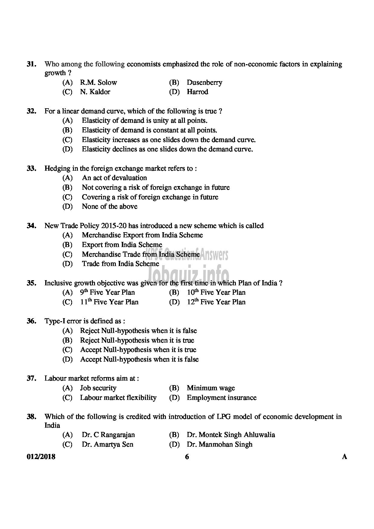 Kerala PSC Question Paper - HSST JUNIOR ECONOMICS-6