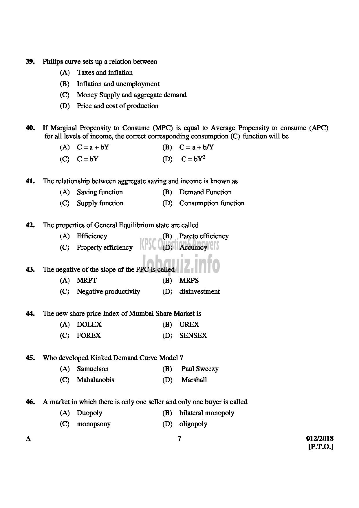 Kerala PSC Question Paper - HSST JUNIOR ECONOMICS-7