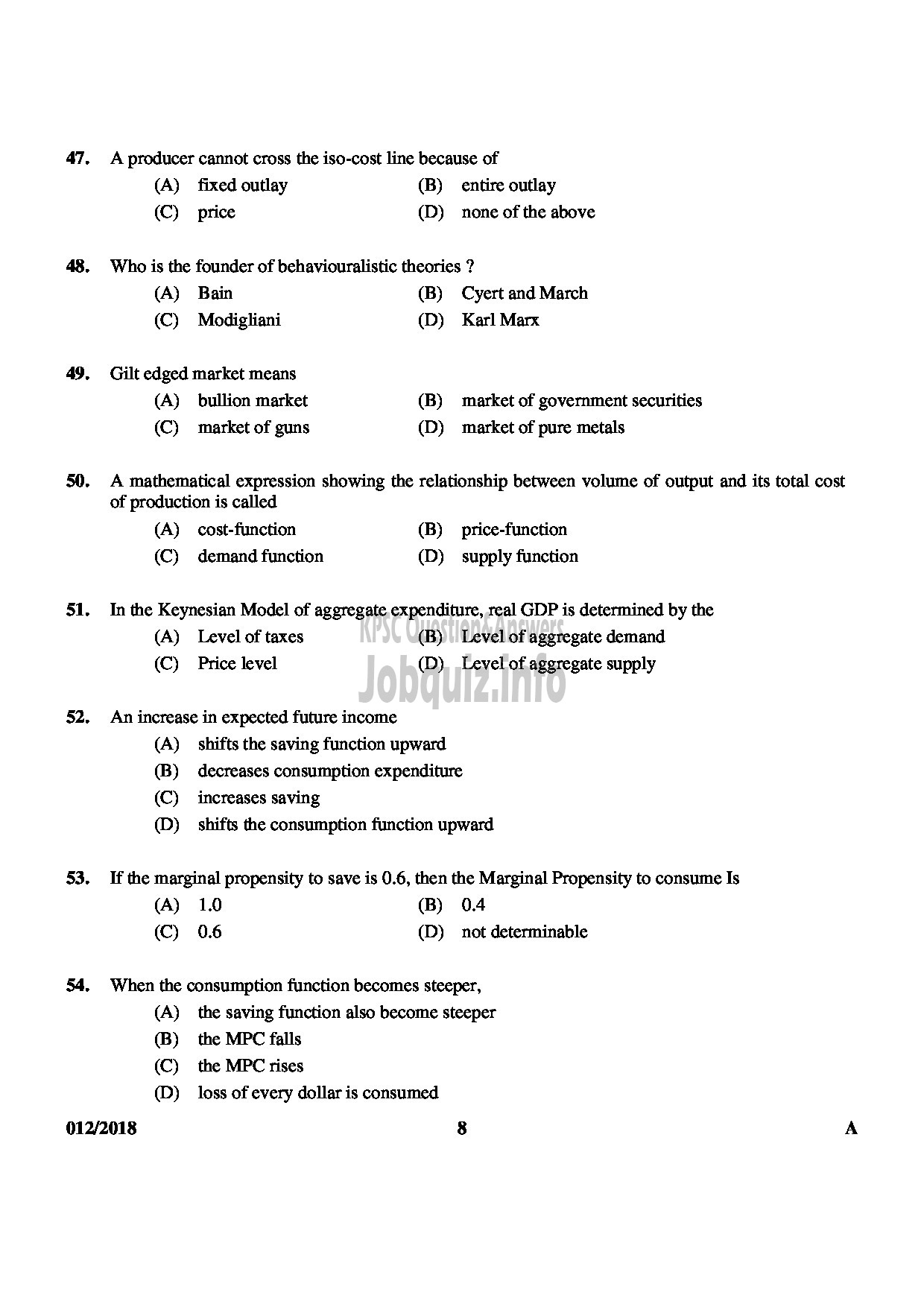 Kerala PSC Question Paper - HSST JUNIOR ECONOMICS-8