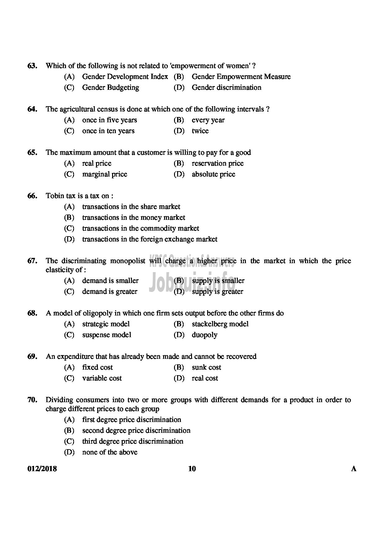 Kerala PSC Question Paper - HSST JUNIOR ECONOMICS-10