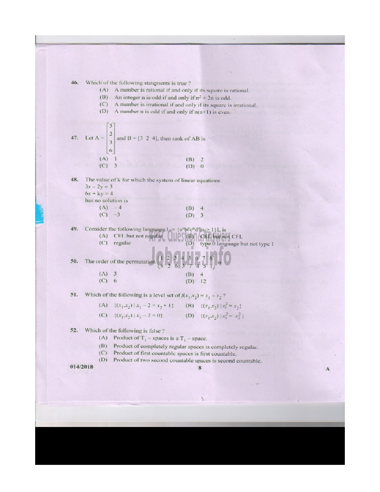 Kerala PSC Question Paper - HSST (JUNIOR) MATHEMATICS-7