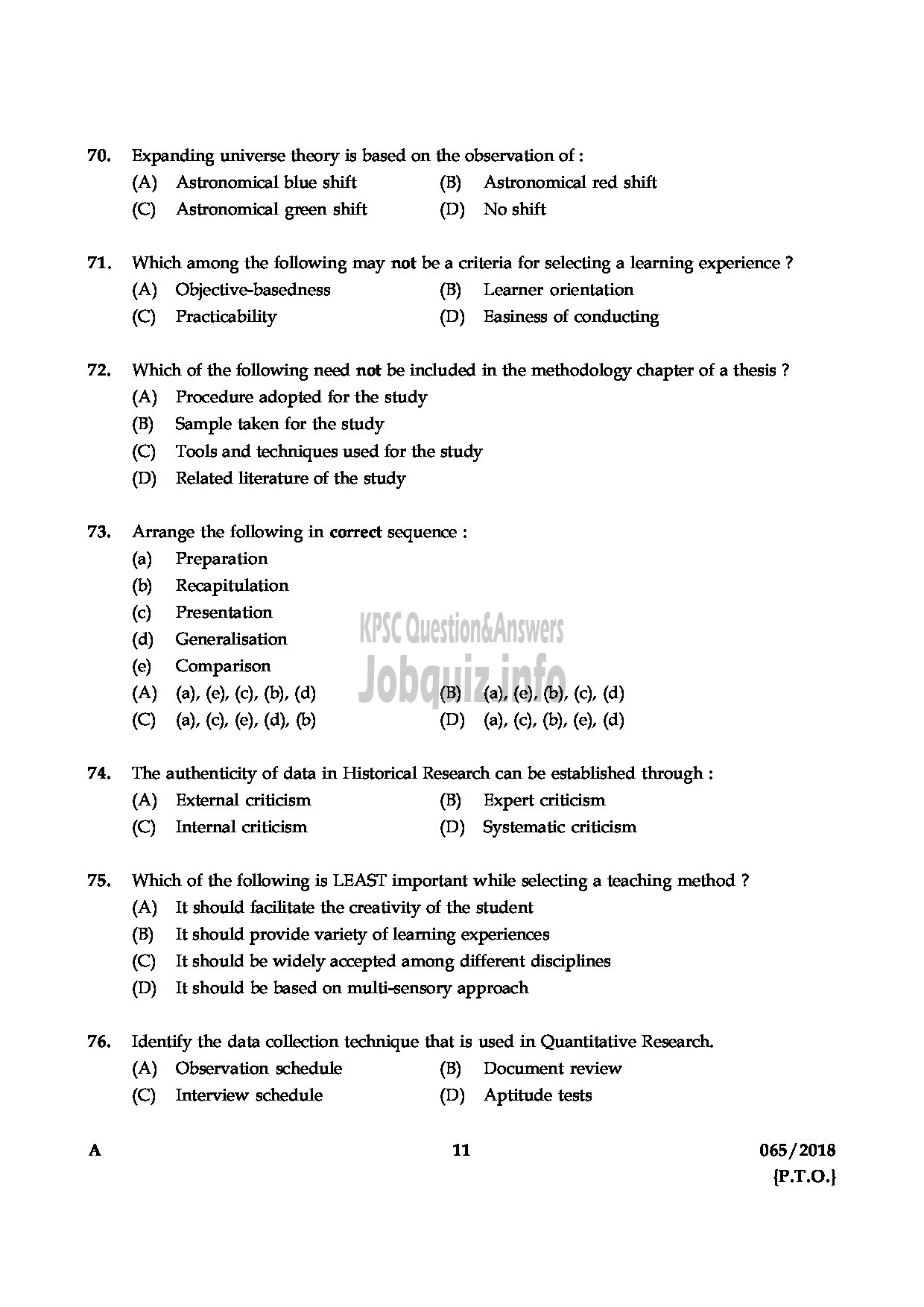 Kerala PSC Question Paper - HSST PHYSICS JUNIOR KHSE-11
