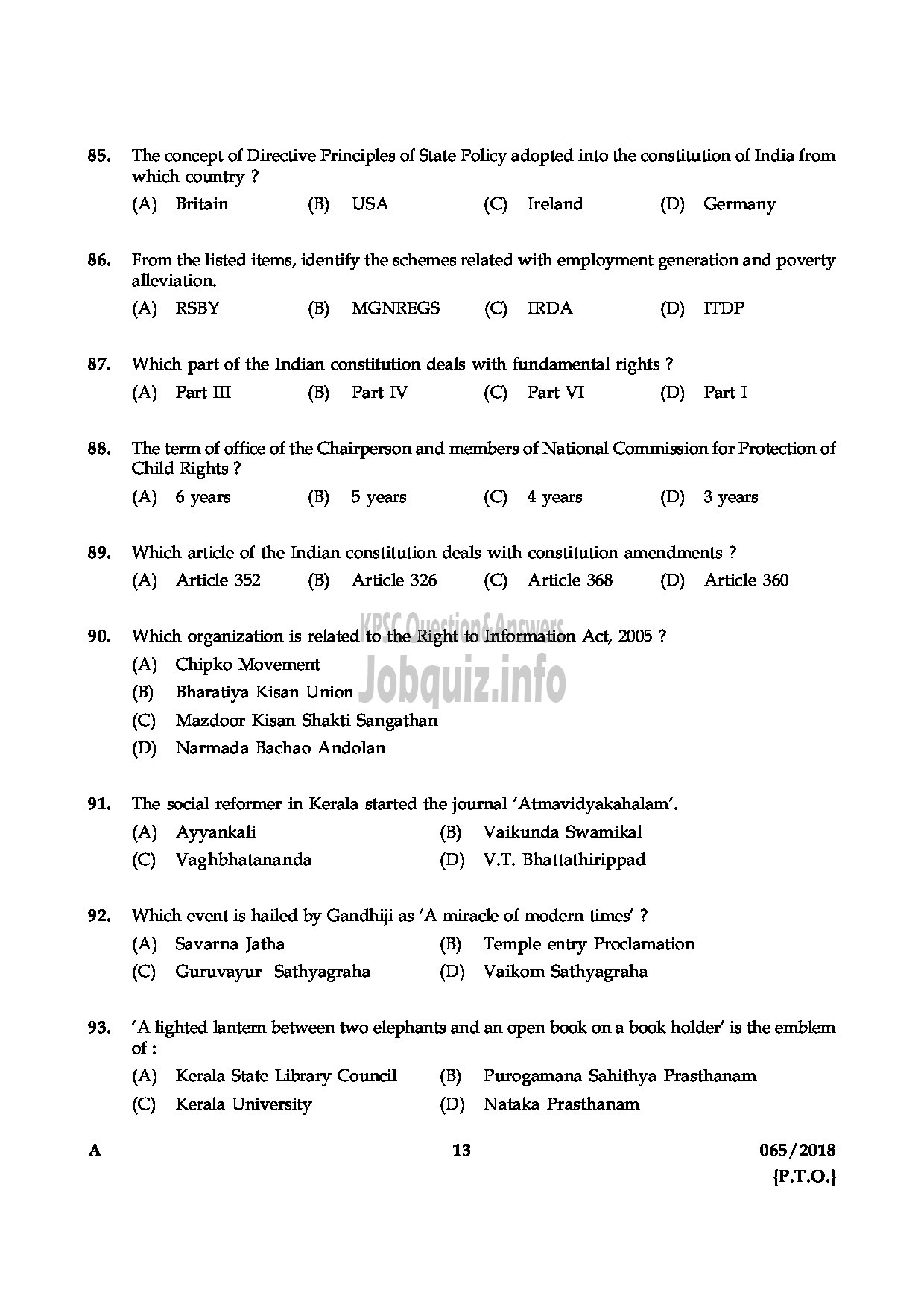 Kerala PSC Question Paper - HSST PHYSICS JUNIOR KHSE-13