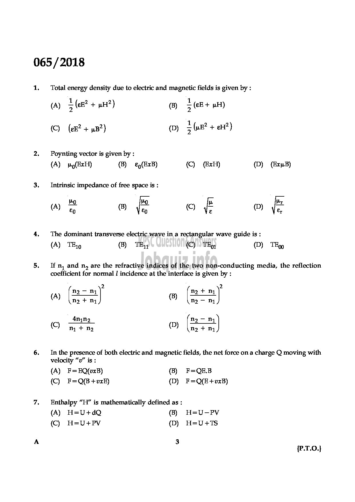 Kerala PSC Question Paper - HSST PHYSICS JUNIOR KHSE-3