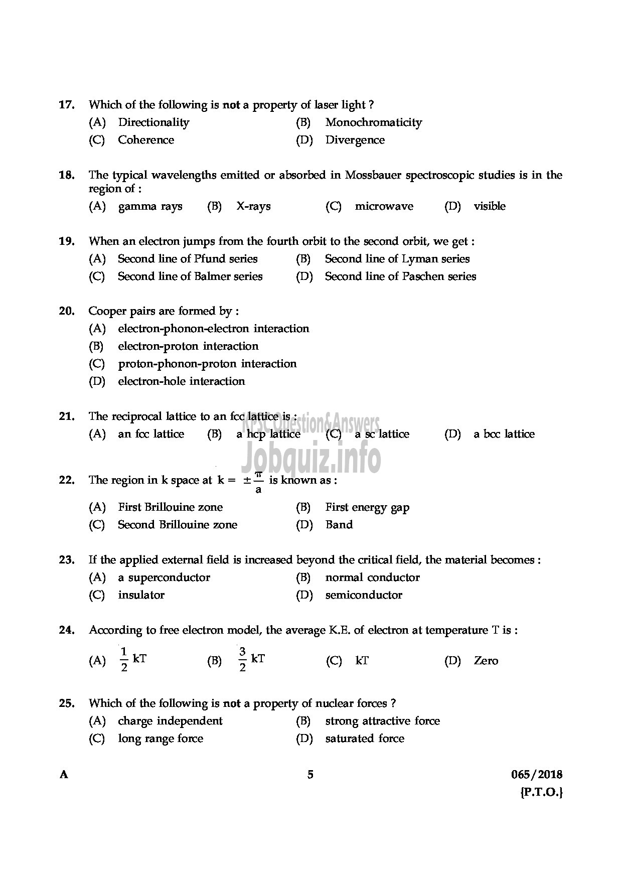 Kerala PSC Question Paper - HSST PHYSICS JUNIOR KHSE-5