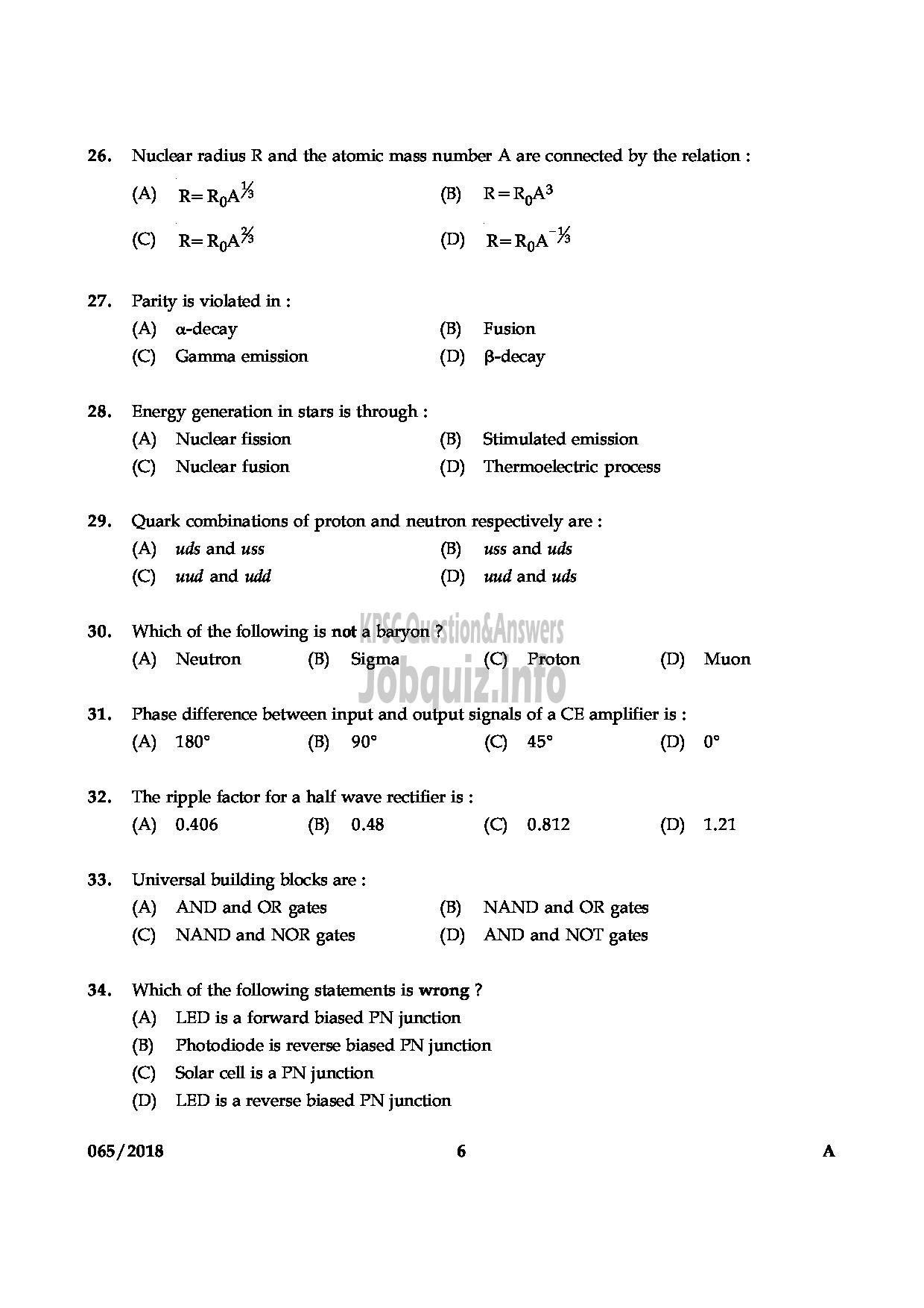 Kerala PSC Question Paper - HSST PHYSICS JUNIOR KHSE-6
