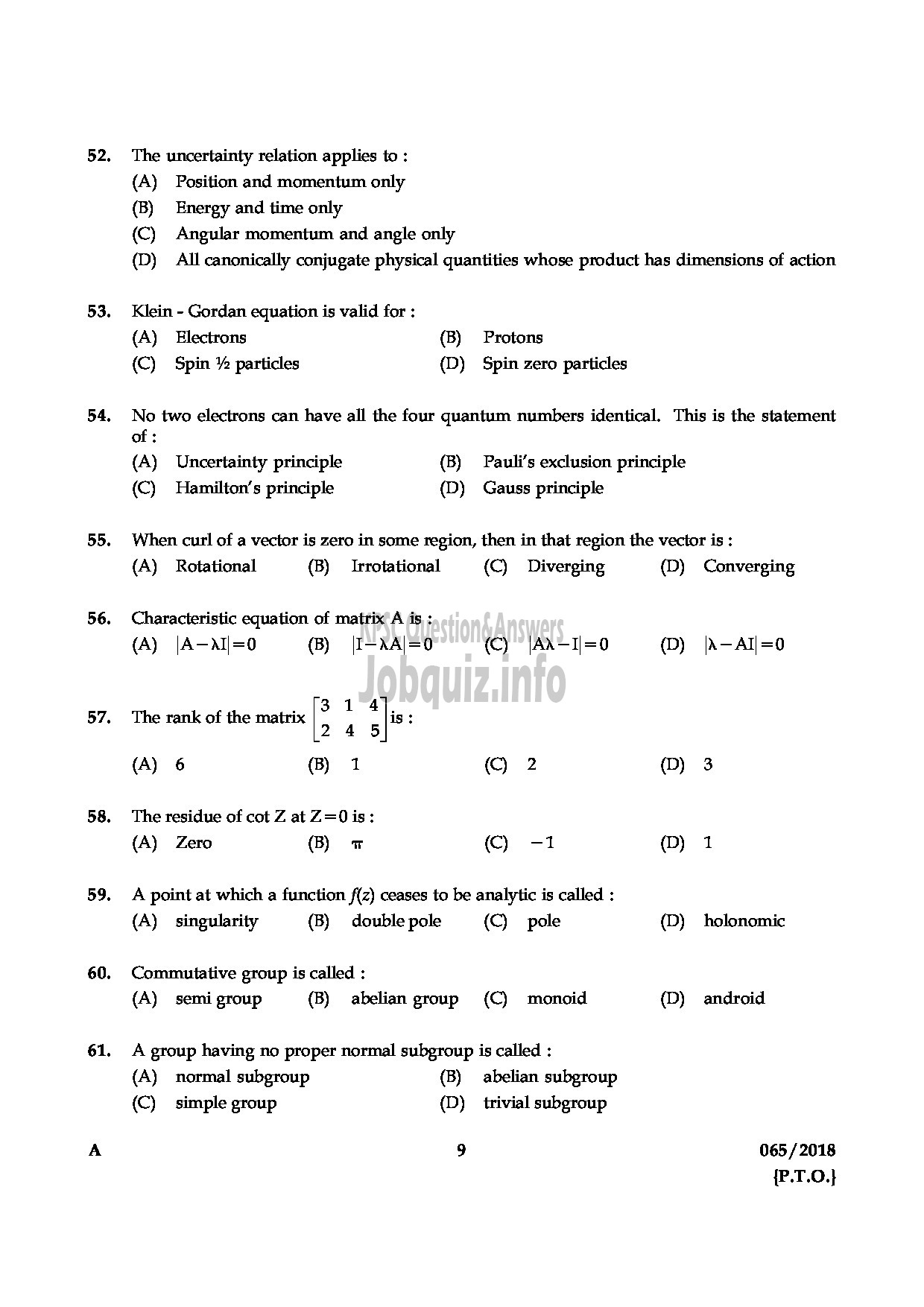 Kerala PSC Question Paper - HSST PHYSICS JUNIOR KHSE-9