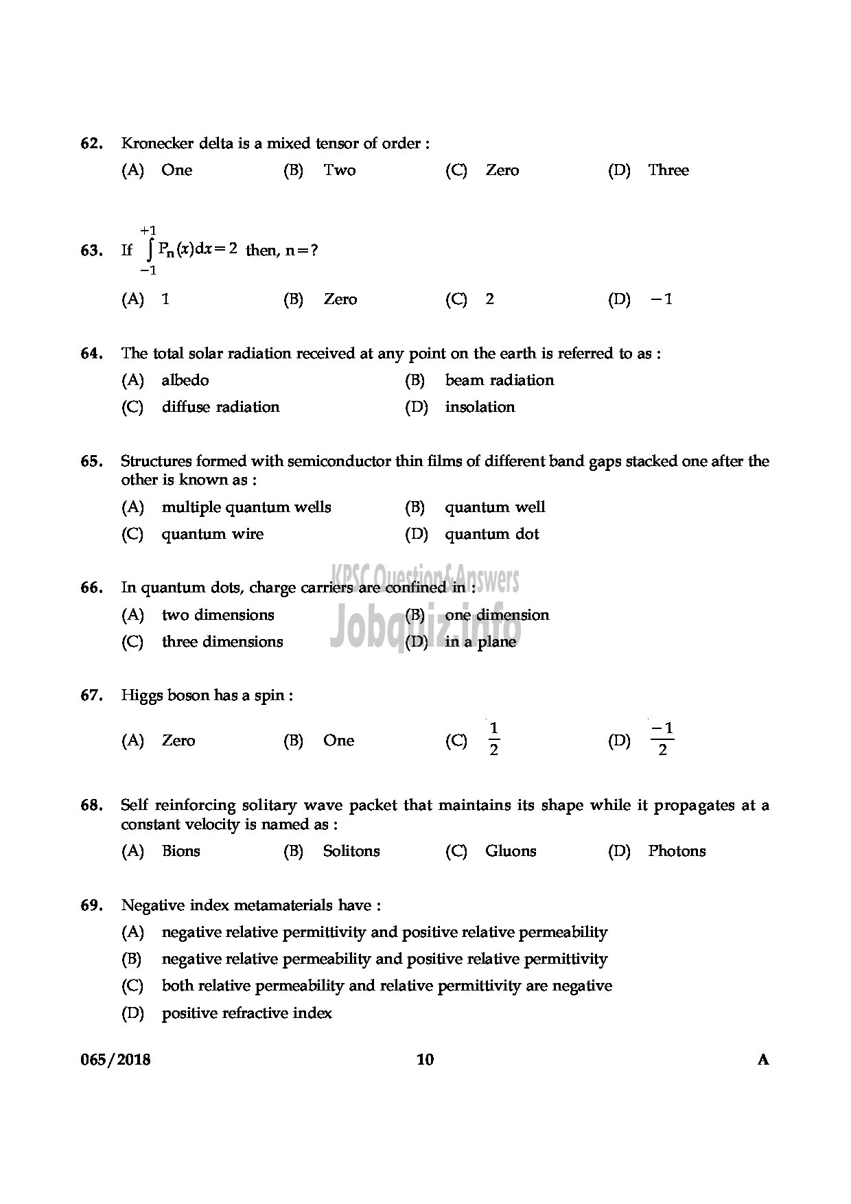 Kerala PSC Question Paper - HSST PHYSICS JUNIOR KHSE-10