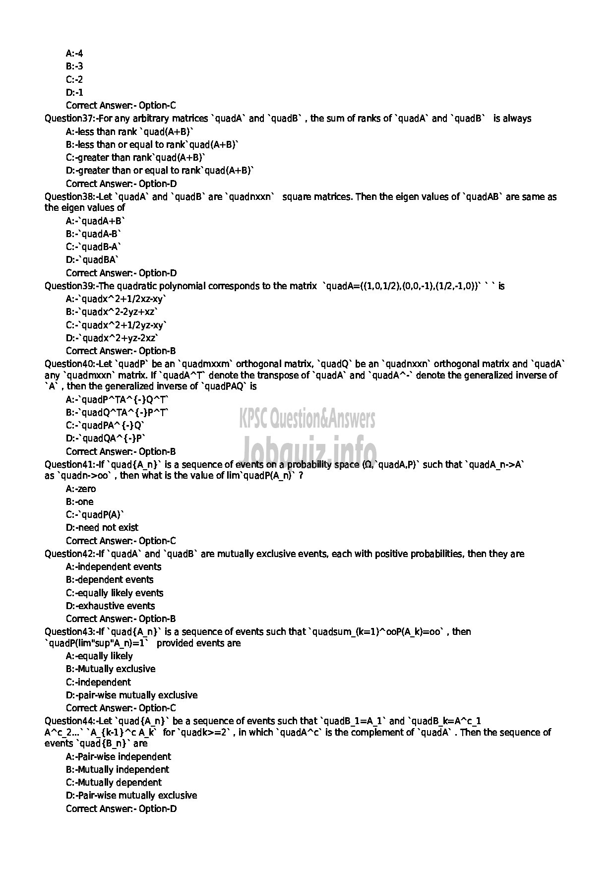 Kerala PSC Question Paper - HSST STATISTICS SR FOR SC / ST AND ST ONLY KHSE-5