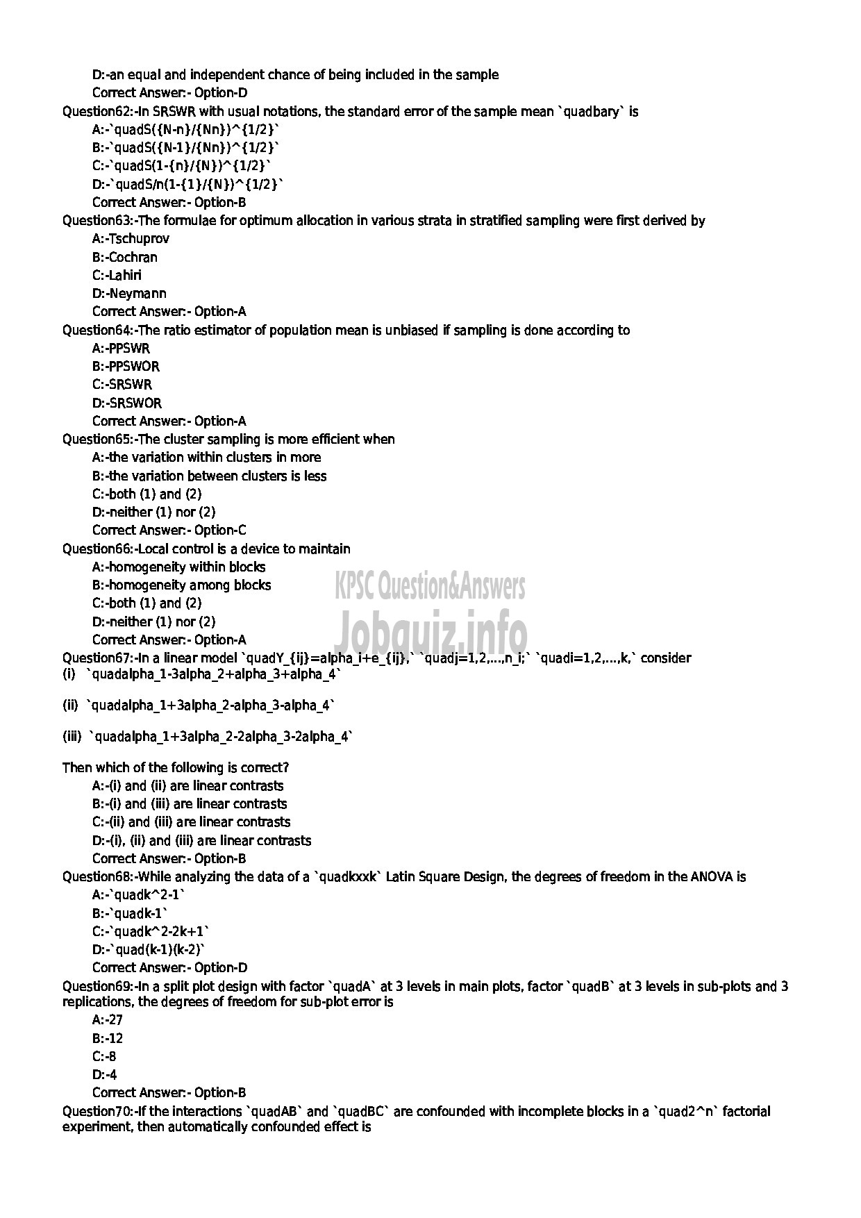 Kerala PSC Question Paper - HSST STATISTICS SR FOR SC / ST AND ST ONLY KHSE-8