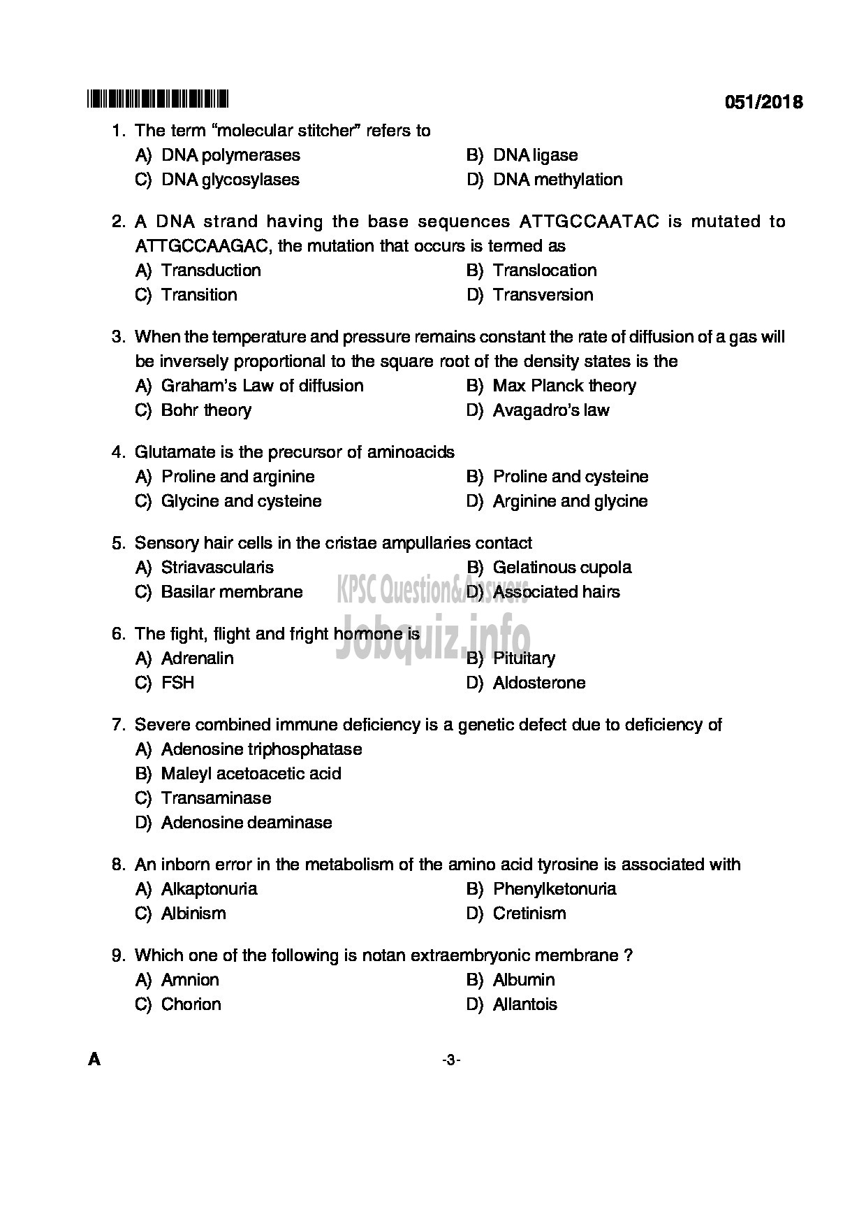 Kerala PSC Question Paper - HSST ZOOLOGY KHSE-3