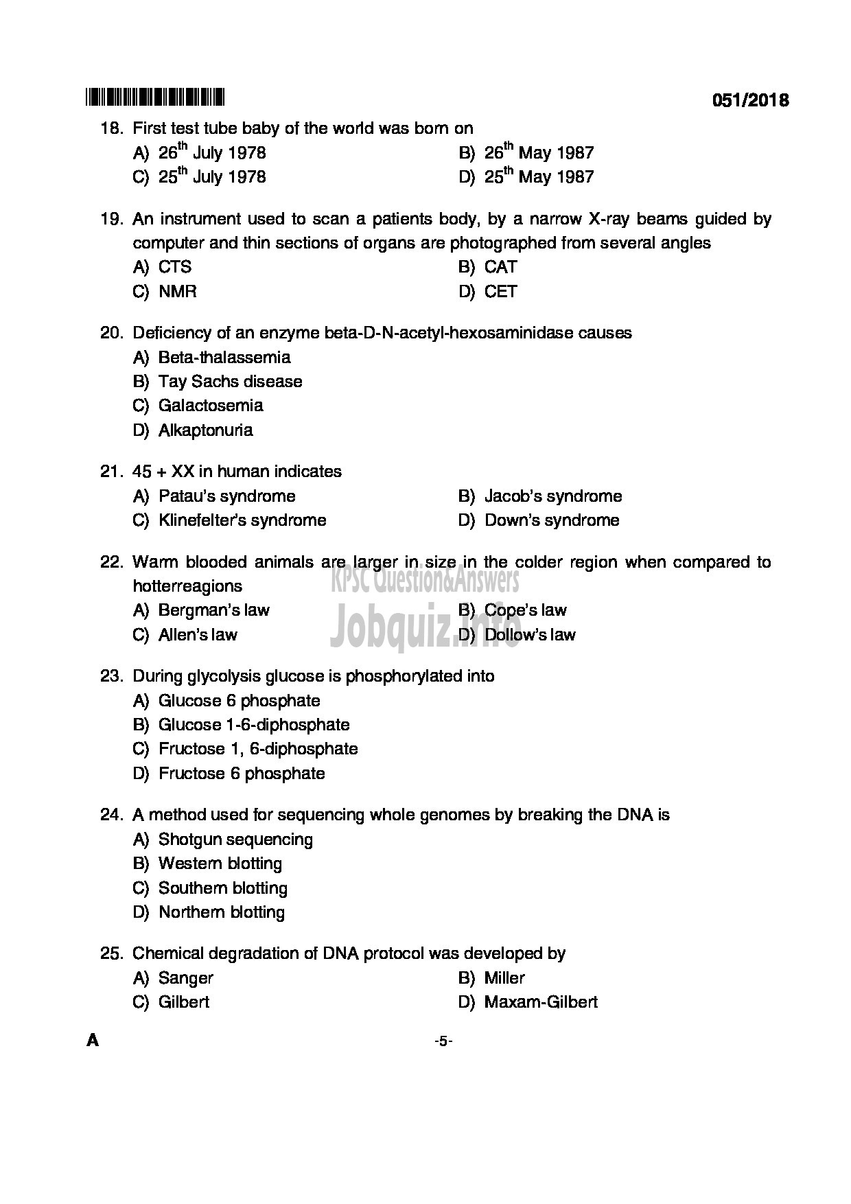 Kerala PSC Question Paper - HSST ZOOLOGY KHSE-5