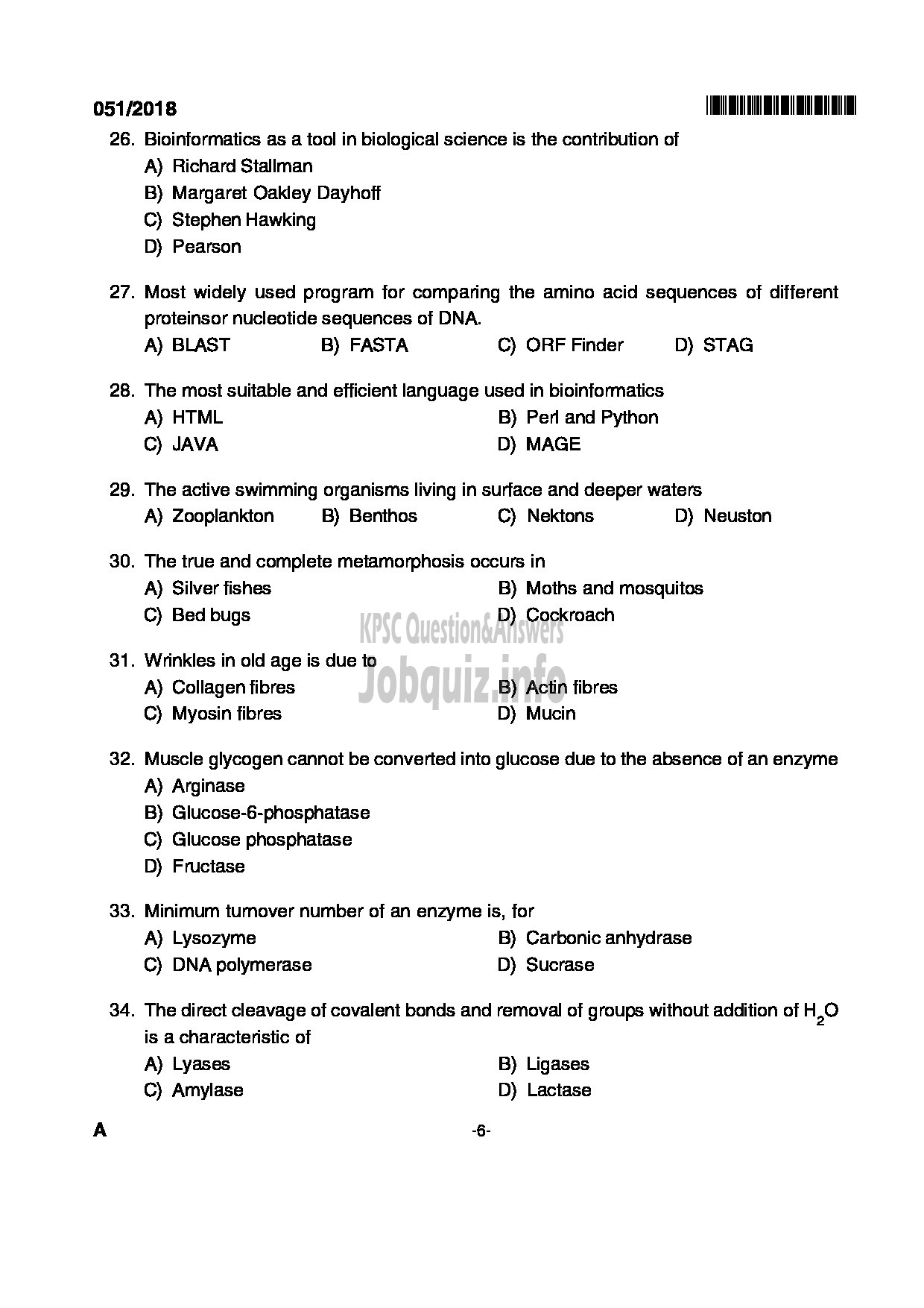 Kerala PSC Question Paper - HSST ZOOLOGY KHSE-6