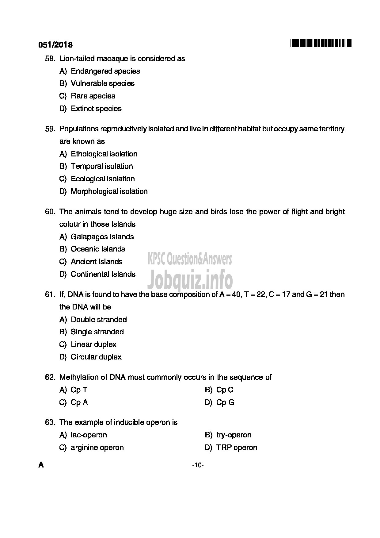 Kerala PSC Question Paper - HSST ZOOLOGY KHSE-10