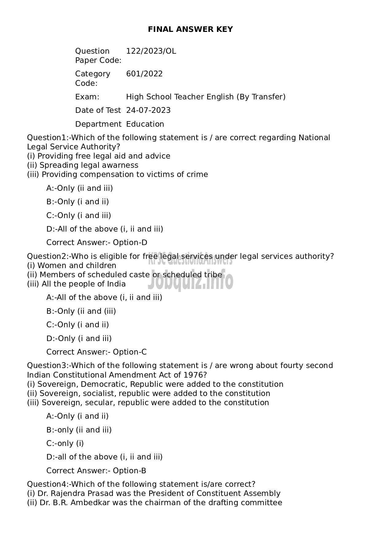 Kerala PSC Question Paper - High School Teacher English (By Transfer)-1