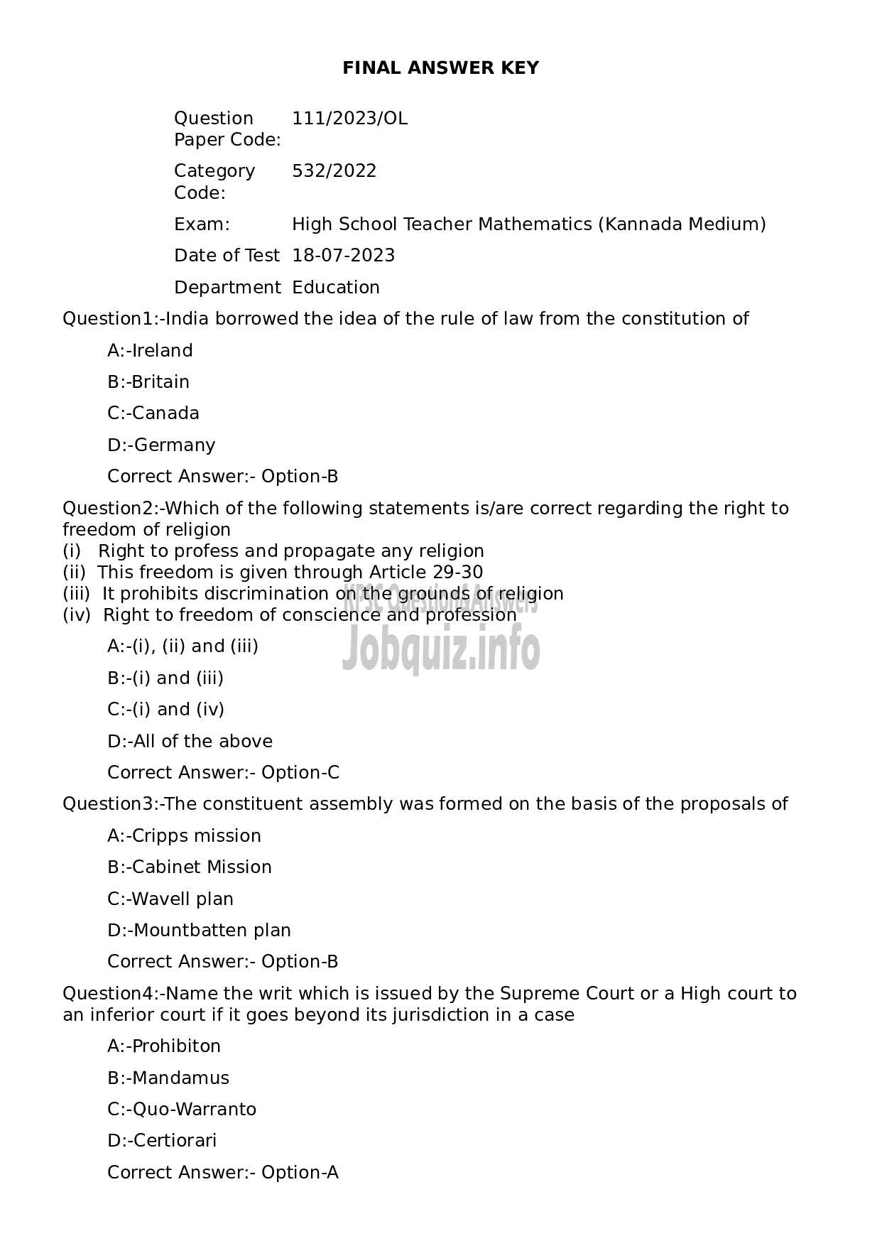 Kerala PSC Question Paper - High School Teacher Mathematics (Kannada Medium)-1