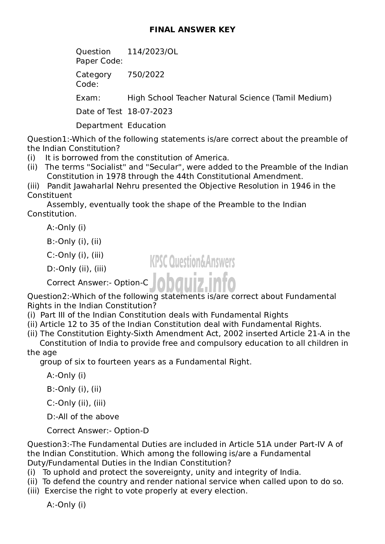 Kerala PSC Question Paper - High School Teacher Natural Science (Tamil Medium)-1