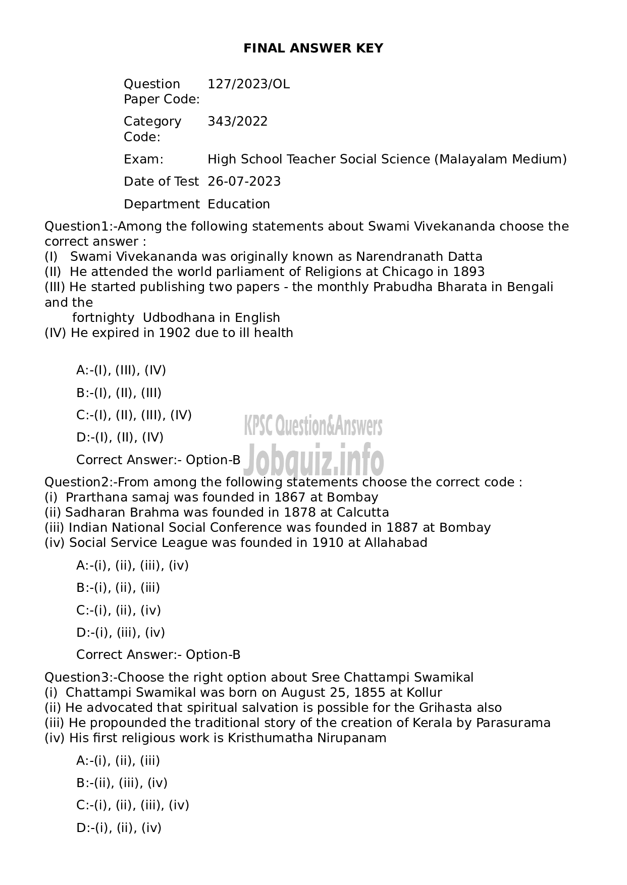 Kerala PSC Question Paper - High School Teacher Social Science (Malayalam Medium)-1
