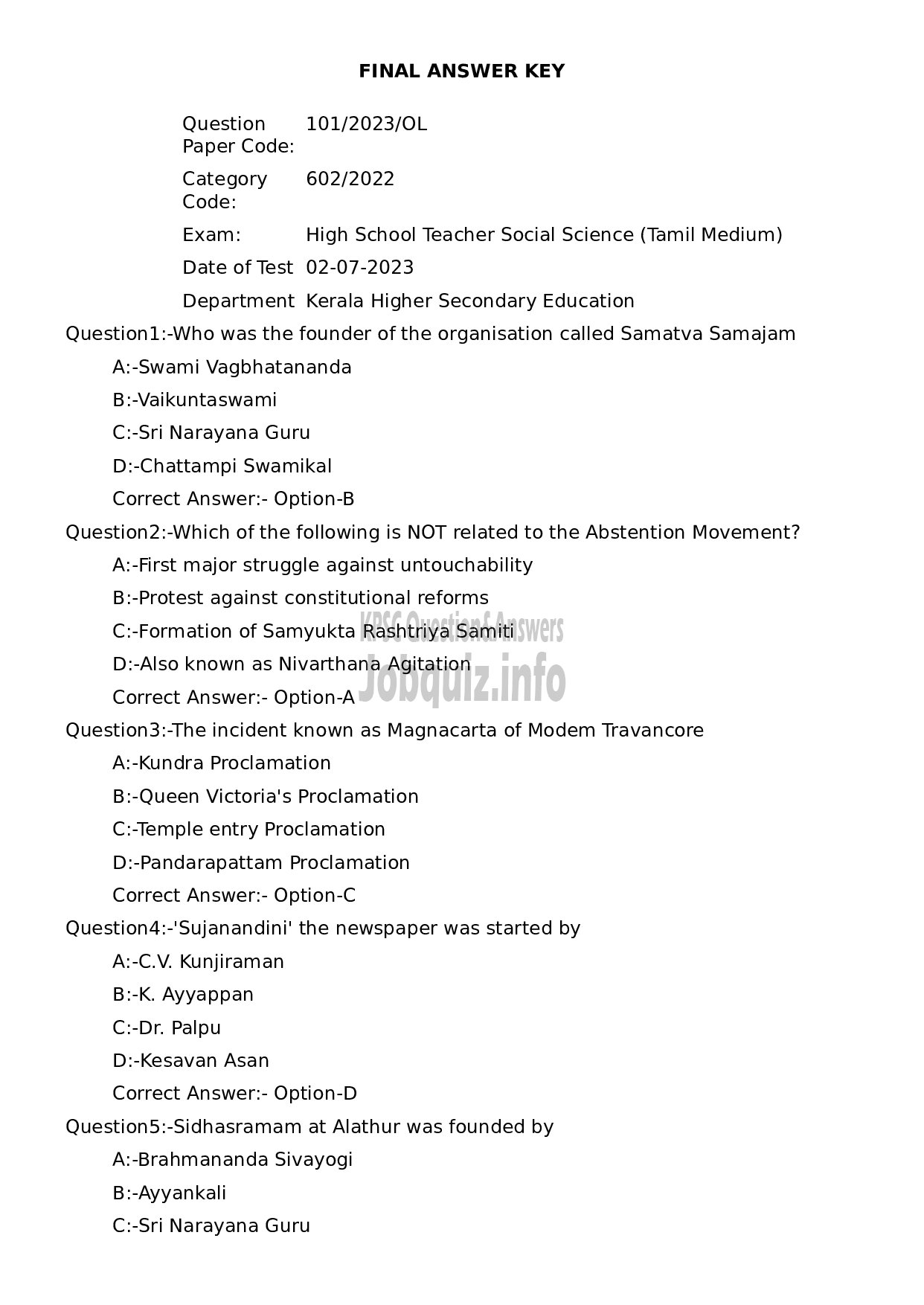 Kerala PSC Question Paper - High School Teacher Social Science (Tamil Medium)-1