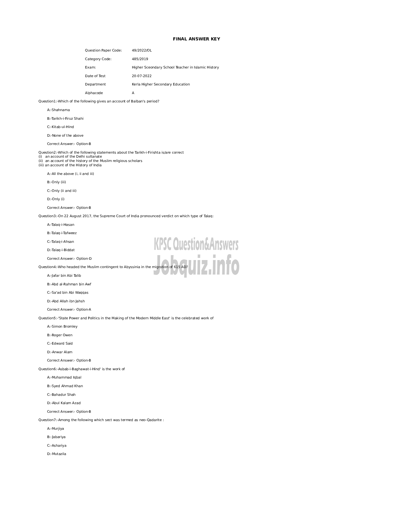Kerala PSC Question Paper - Higher Sceondary School Teacher in Islamic History - Kerla Higher Secondary Education -1