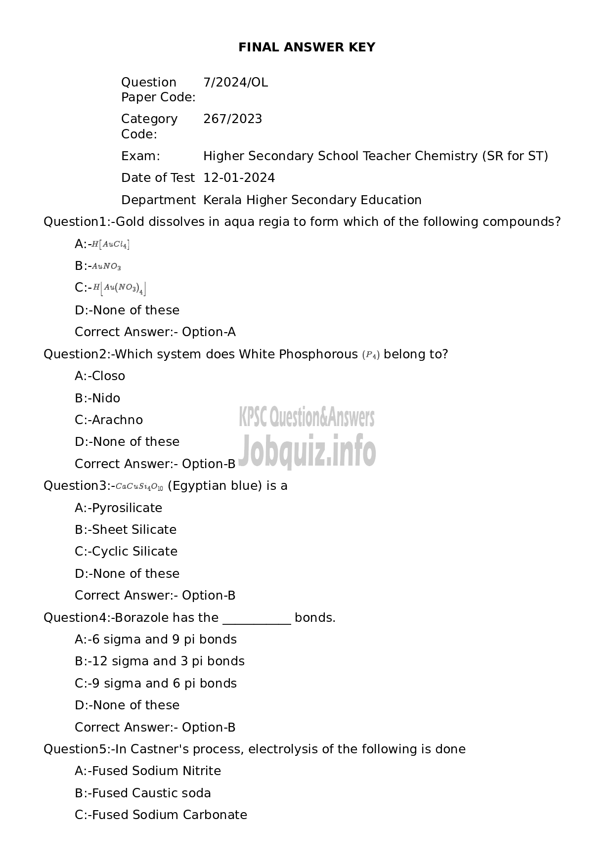 Kerala PSC Question Paper - Higher Secondary School Teacher Chemistry (SR for ST)-1