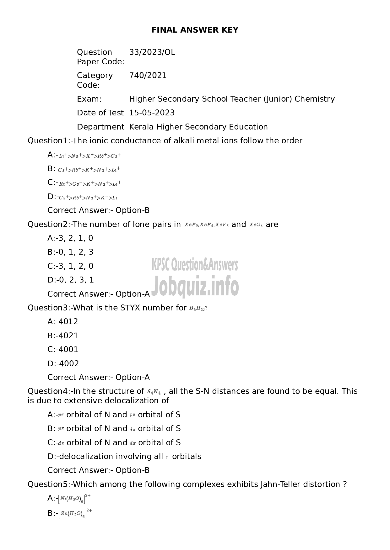 Kerala PSC Question Paper - Higher Secondary School Teacher (Junior) Chemistry-1