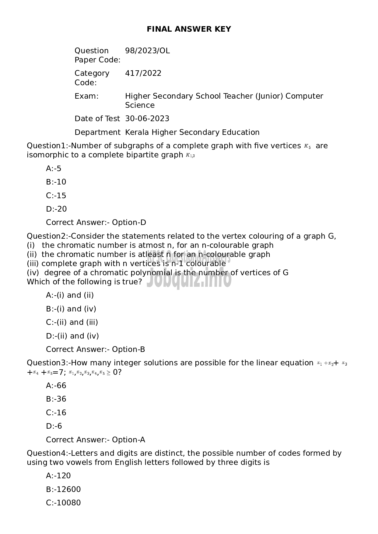 Kerala PSC Question Paper - Higher Secondary School Teacher (Junior) Computer Science-1