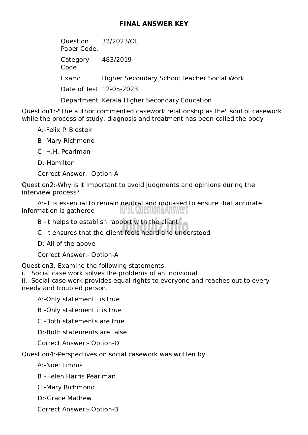Kerala PSC Question Paper - Higher Secondary School Teacher Social Work-1
