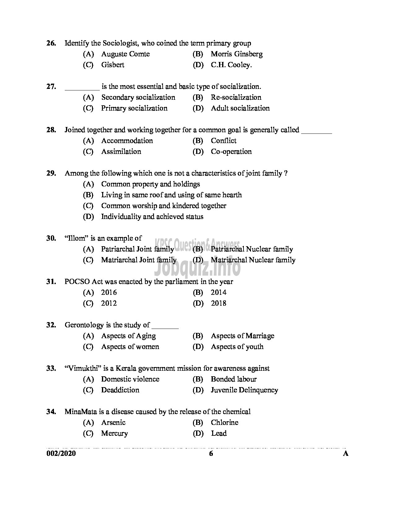 Kerala PSC Question Paper - ICDS SUPERVISOR WOMEN AND CHILD DEVELOPMENT English -6